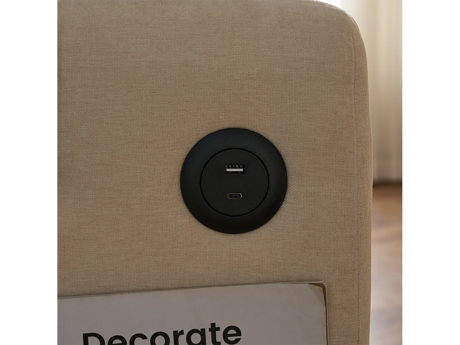 Beige chenille 2-zits opklapbare bank met USB-aansluiting en telefoonhouder - voor woonkamer en slaapkamer