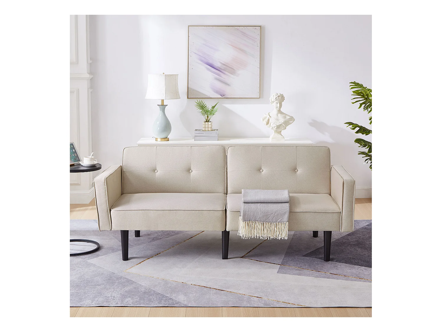 Canapé 2 places tissu lin beige, avec dossier rembourré réglable, pieds en bois - pour salon ou chambre