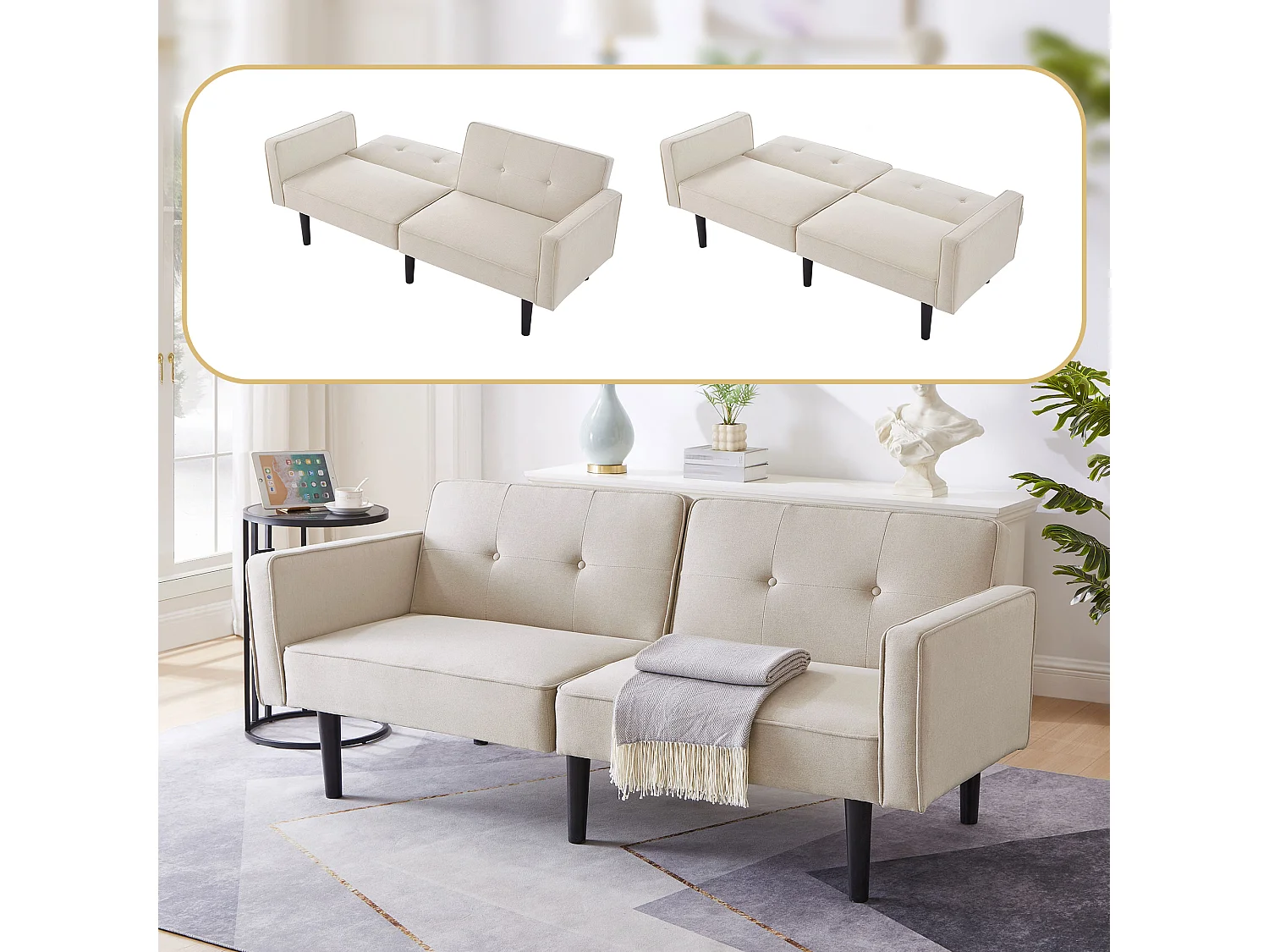 Beige linnen tweezitsbank met verstelbare, gewatteerde rugleuning en houten poten - voor woonkamer of slaapkamer