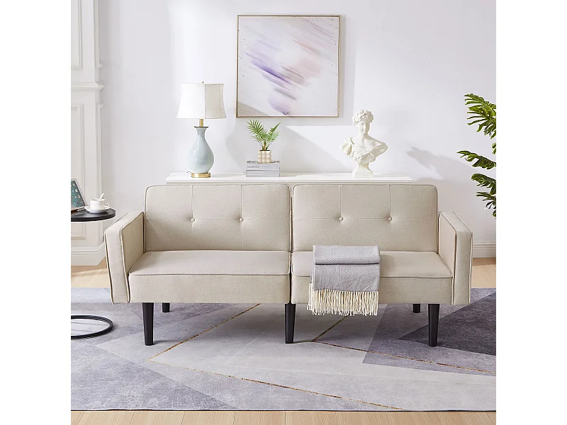 Canapé 2 places tissu lin beige, avec dossier rembourré réglable, pieds en bois - pour salon ou chambre