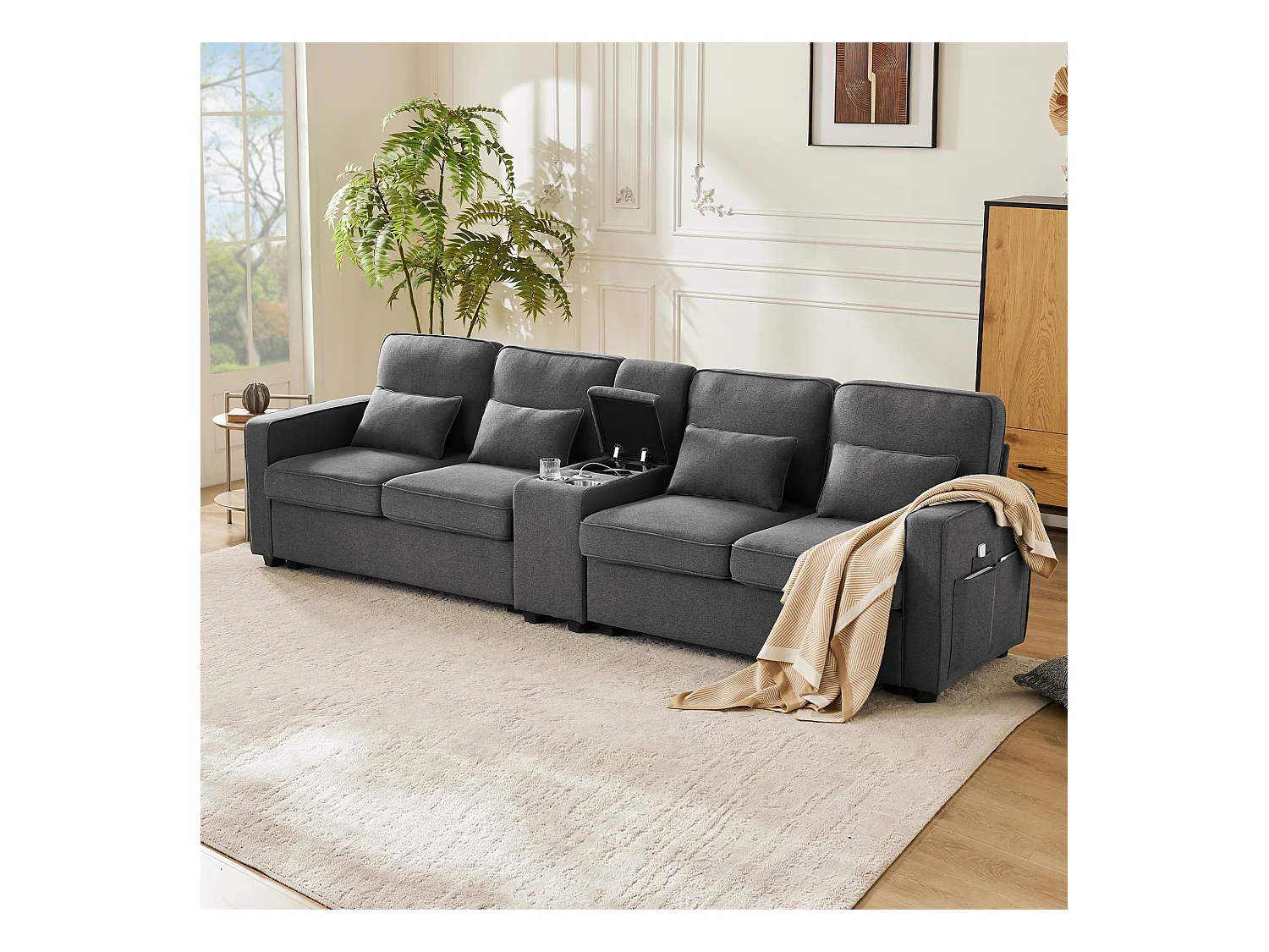 Ciemnoszara, lniana sofa 4-osobowa z portami USB, stolikiem konsolowym i uchwytami na kubki – z poduszkami i podłokietnikami, do salonu lub biura