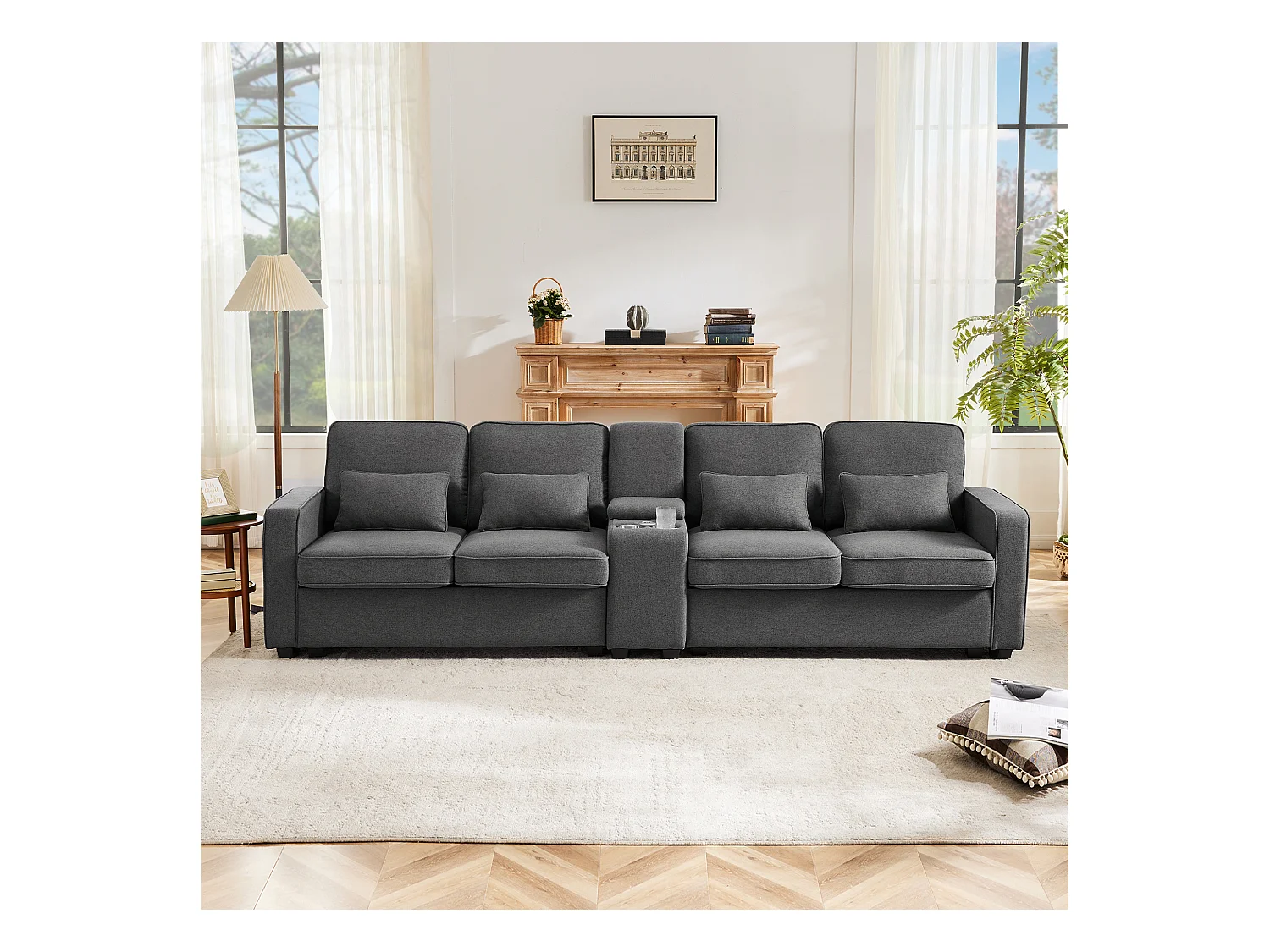 Ciemnoszara, lniana sofa 4-osobowa z portami USB, stolikiem konsolowym i uchwytami na kubki – z poduszkami i podłokietnikami, do salonu lub biura