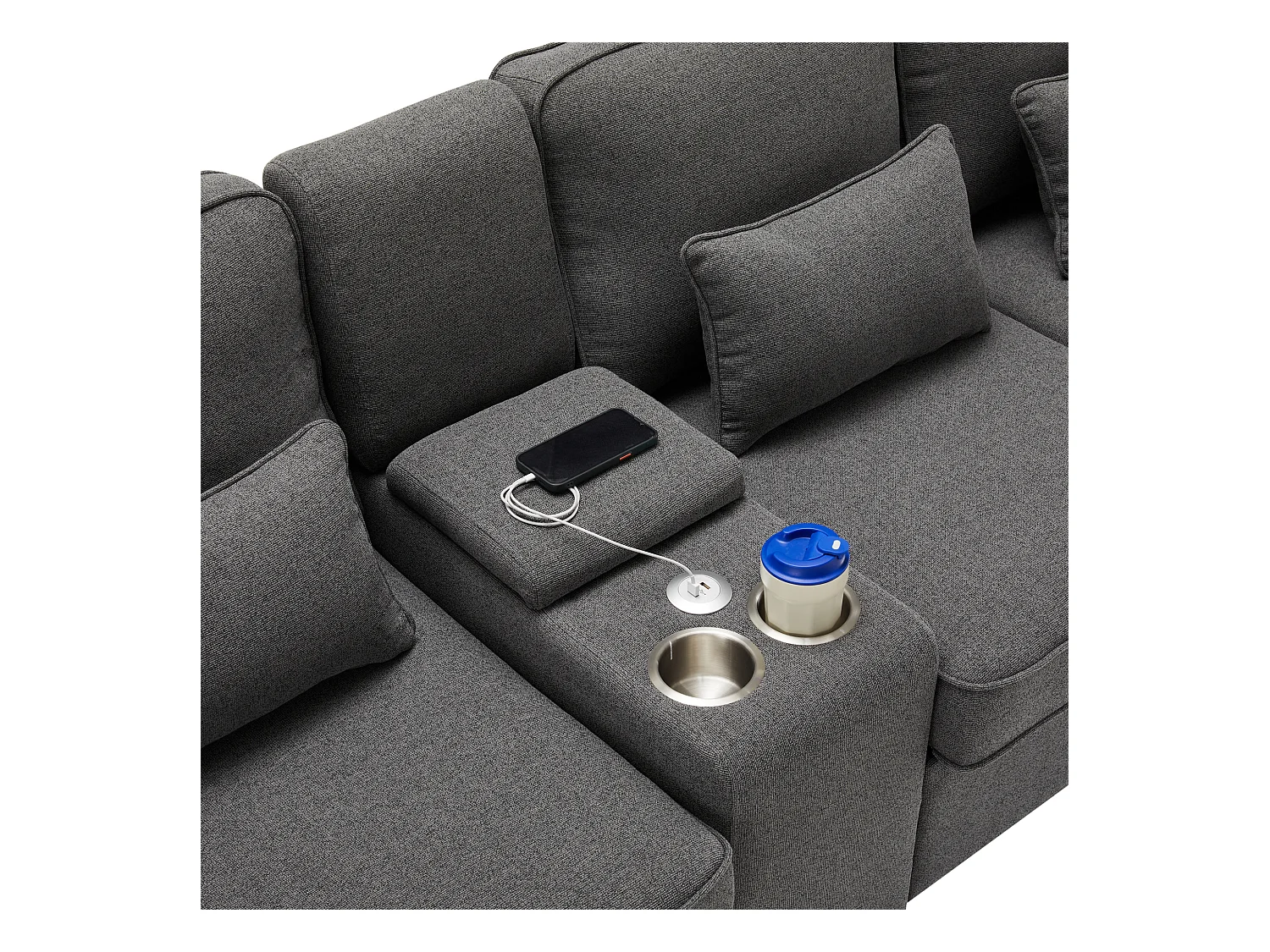 Ciemnoszara, lniana sofa 4-osobowa z portami USB, stolikiem konsolowym i uchwytami na kubki – z poduszkami i podłokietnikami, do salonu lub biura