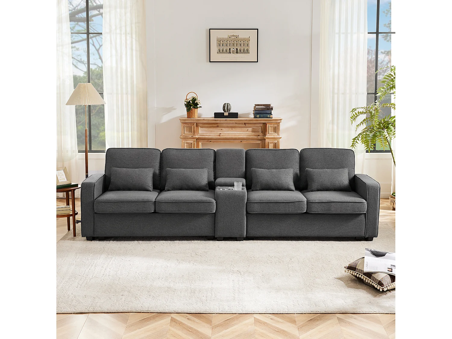 Dunkelgraues 4-Sitzer-Sofa aus Leinen mit USB-Anschlüssen, Konsolentisch und Getränkehaltern – Mit Kissen, für Wohnzimmer oder Büro