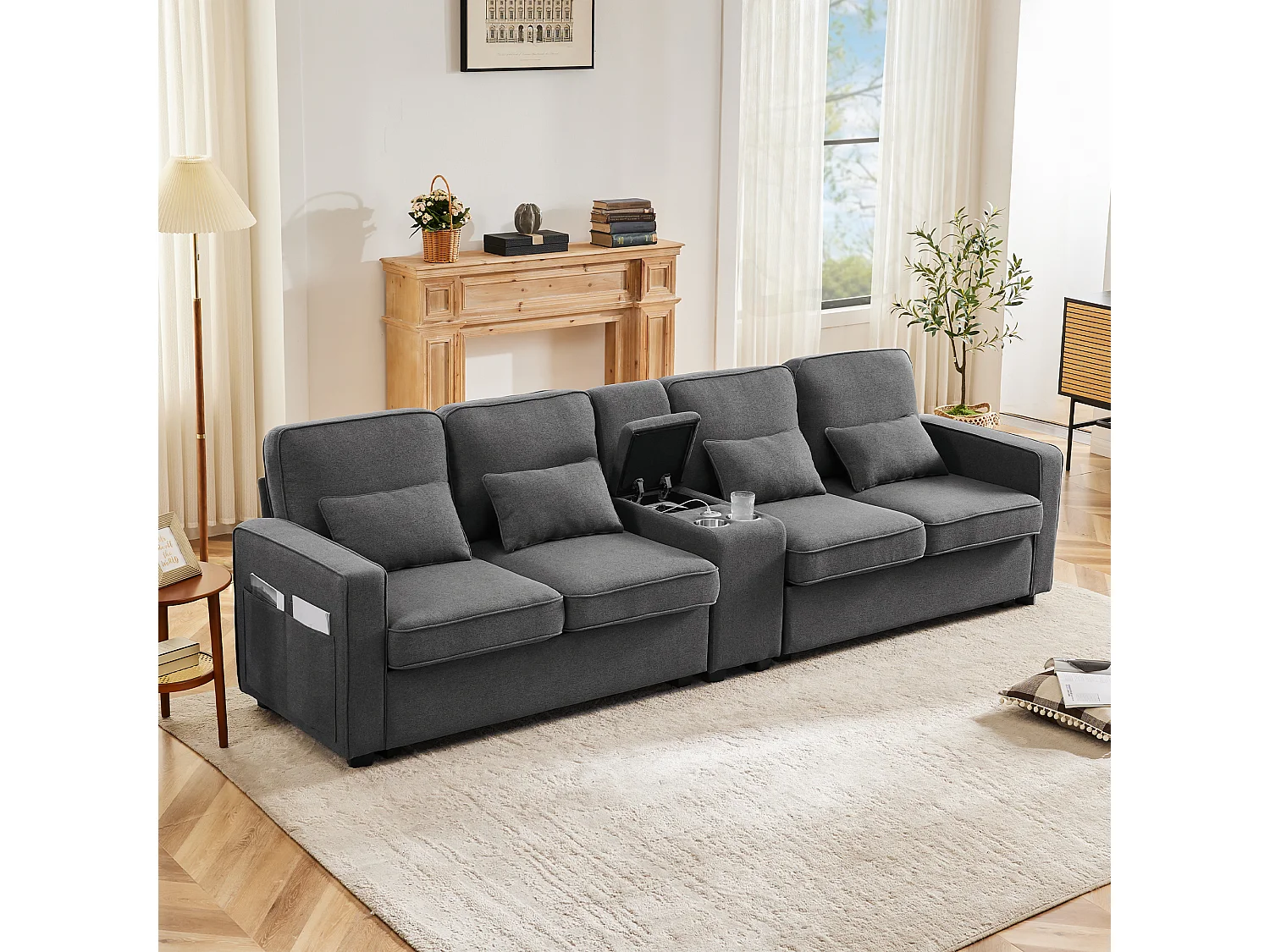 Dunkelgraues 4-Sitzer-Sofa aus Leinen mit USB-Anschlüssen, Konsolentisch und Getränkehaltern – Mit Kissen, für Wohnzimmer oder Büro