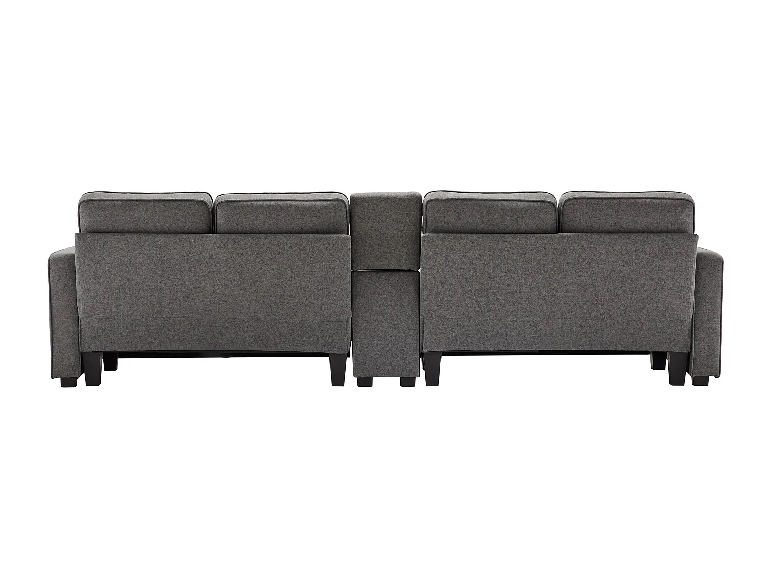 Dunkelgraues 4-Sitzer-Sofa aus Leinen mit USB-Anschlüssen, Konsolentisch und Getränkehaltern – Mit Kissen, für Wohnzimmer oder Büro