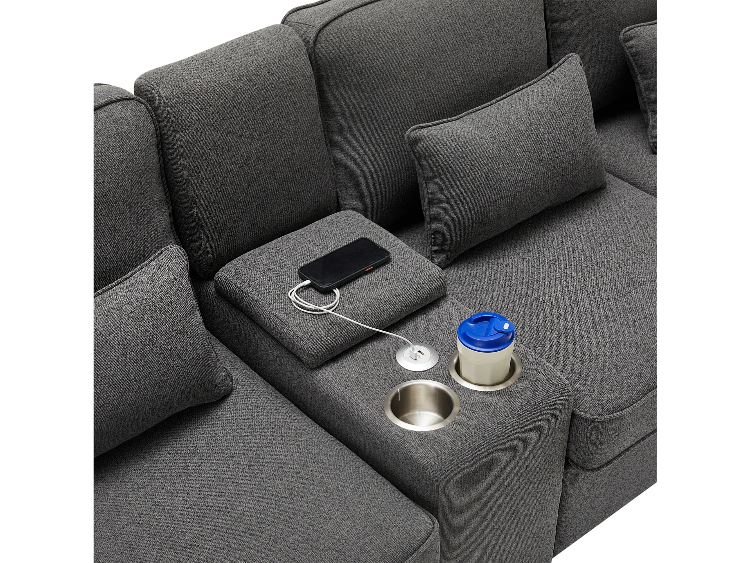 Dunkelgraues 4-Sitzer-Sofa aus Leinen mit USB-Anschlüssen, Konsolentisch und Getränkehaltern – Mit Kissen, für Wohnzimmer oder Büro