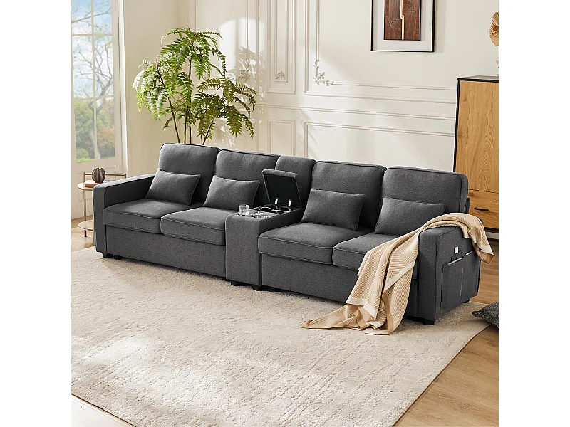 Ciemnoszara, lniana sofa 4-osobowa z portami USB, stolikiem konsolowym i uchwytami na kubki – z poduszkami i podłokietnikami, do salonu lub biura