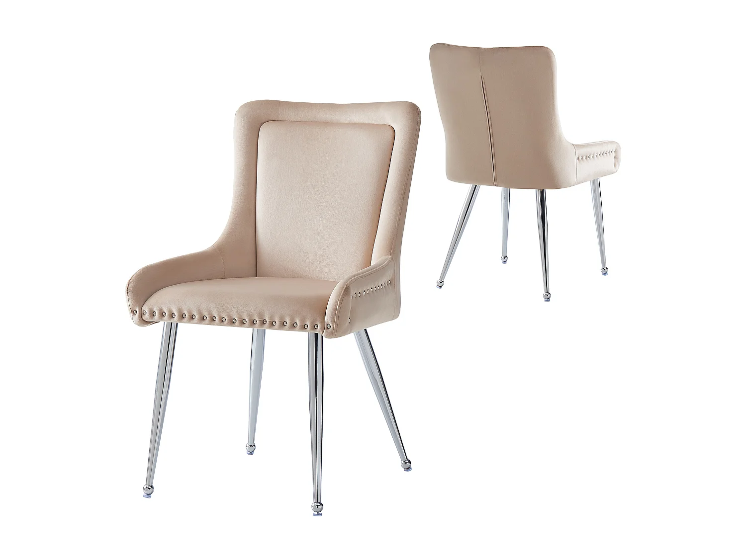 Set van 2 eetkamerstoelen, beige fluweel, stoel met gestoffeerde rugleuning, verstelbare zilveren poten