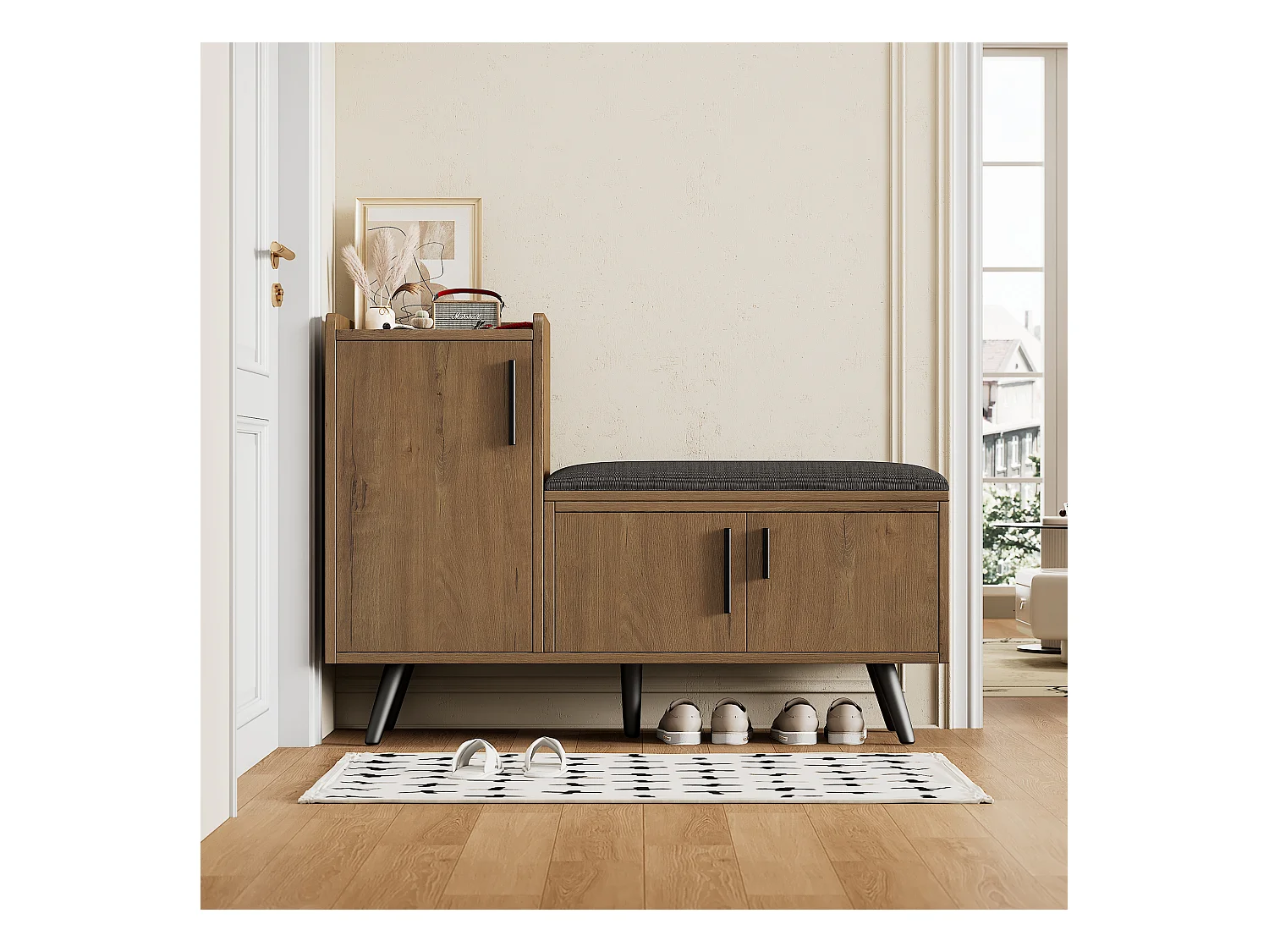 Ławka na buty, 100 cm, 3 drzwi, z wyściełanym siedziskiem, wielopoziomowe przechowywanie, asymetryczne uchwyty