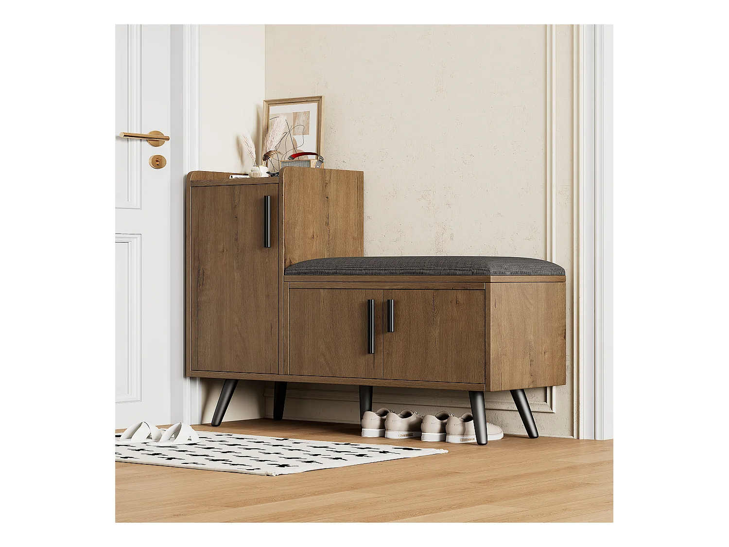 Ławka na buty, 100 cm, 3 drzwi, z wyściełanym siedziskiem, wielopoziomowe przechowywanie, asymetryczne uchwyty