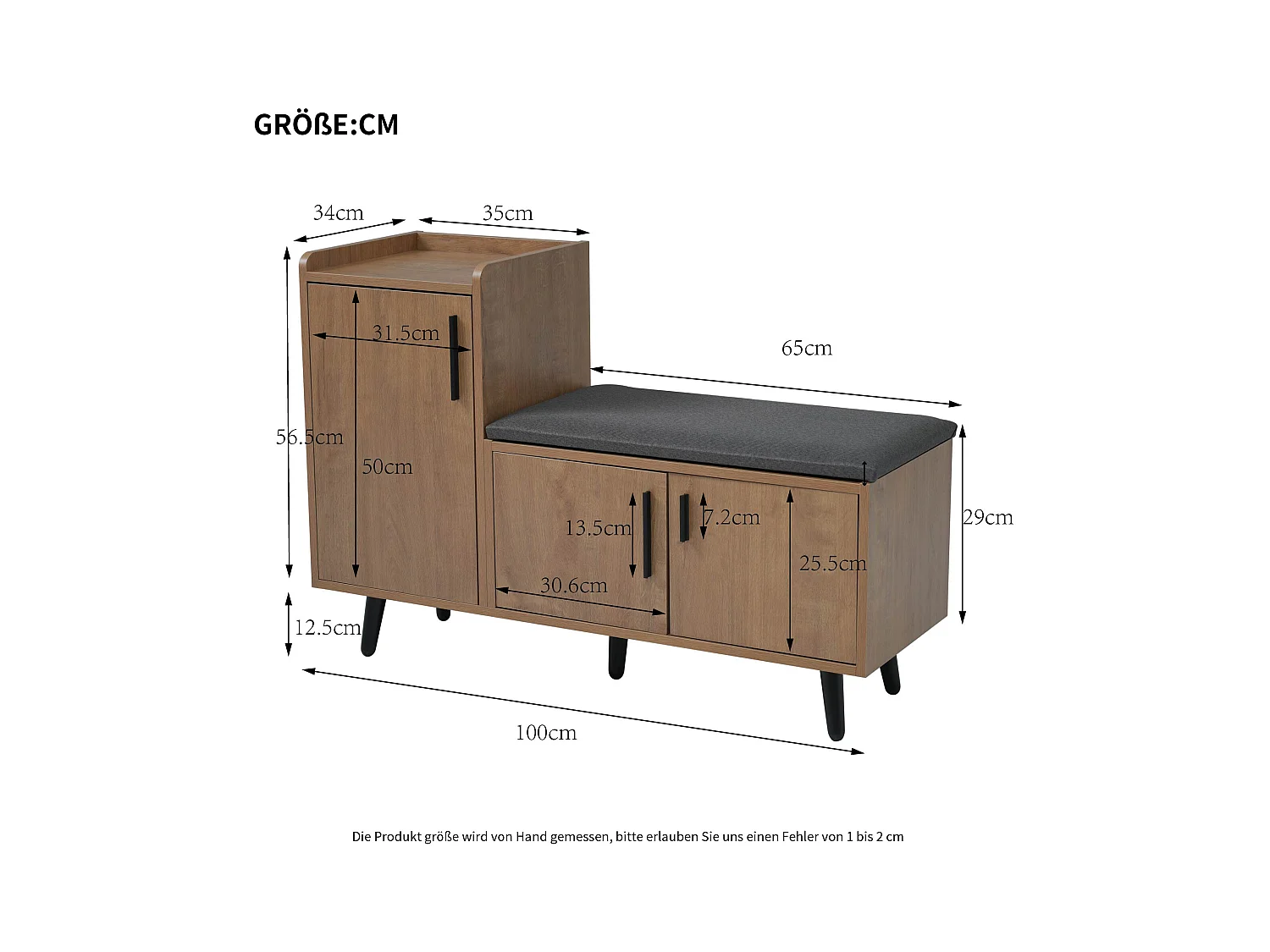 Ławka na buty, 100 cm, 3 drzwi, z wyściełanym siedziskiem, wielopoziomowe przechowywanie, asymetryczne uchwyty