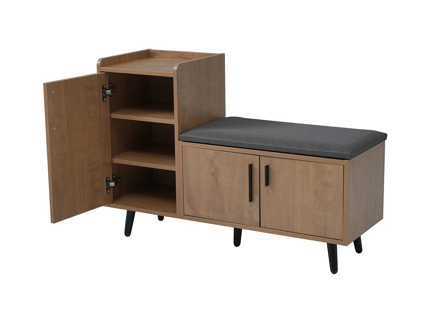 Ławka na buty, 100 cm, 3 drzwi, z wyściełanym siedziskiem, wielopoziomowe przechowywanie, asymetryczne uchwyty