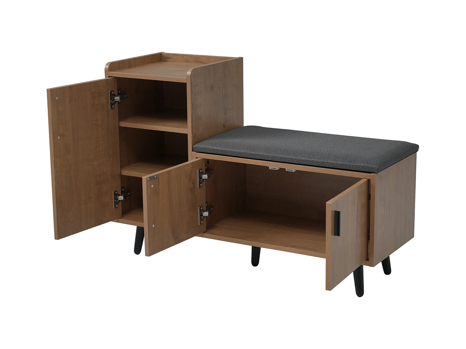 Ławka na buty, 100 cm, 3 drzwi, z wyściełanym siedziskiem, wielopoziomowe przechowywanie, asymetryczne uchwyty