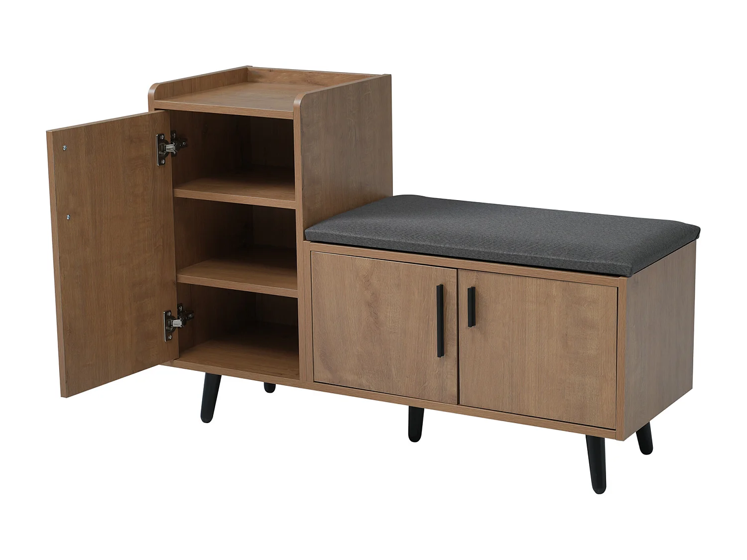 Meuble à chaussures banc 100 cm, 3 portes, avec assise rembourrée, Rangement à plusieurs niveaux , poignées asymétriques