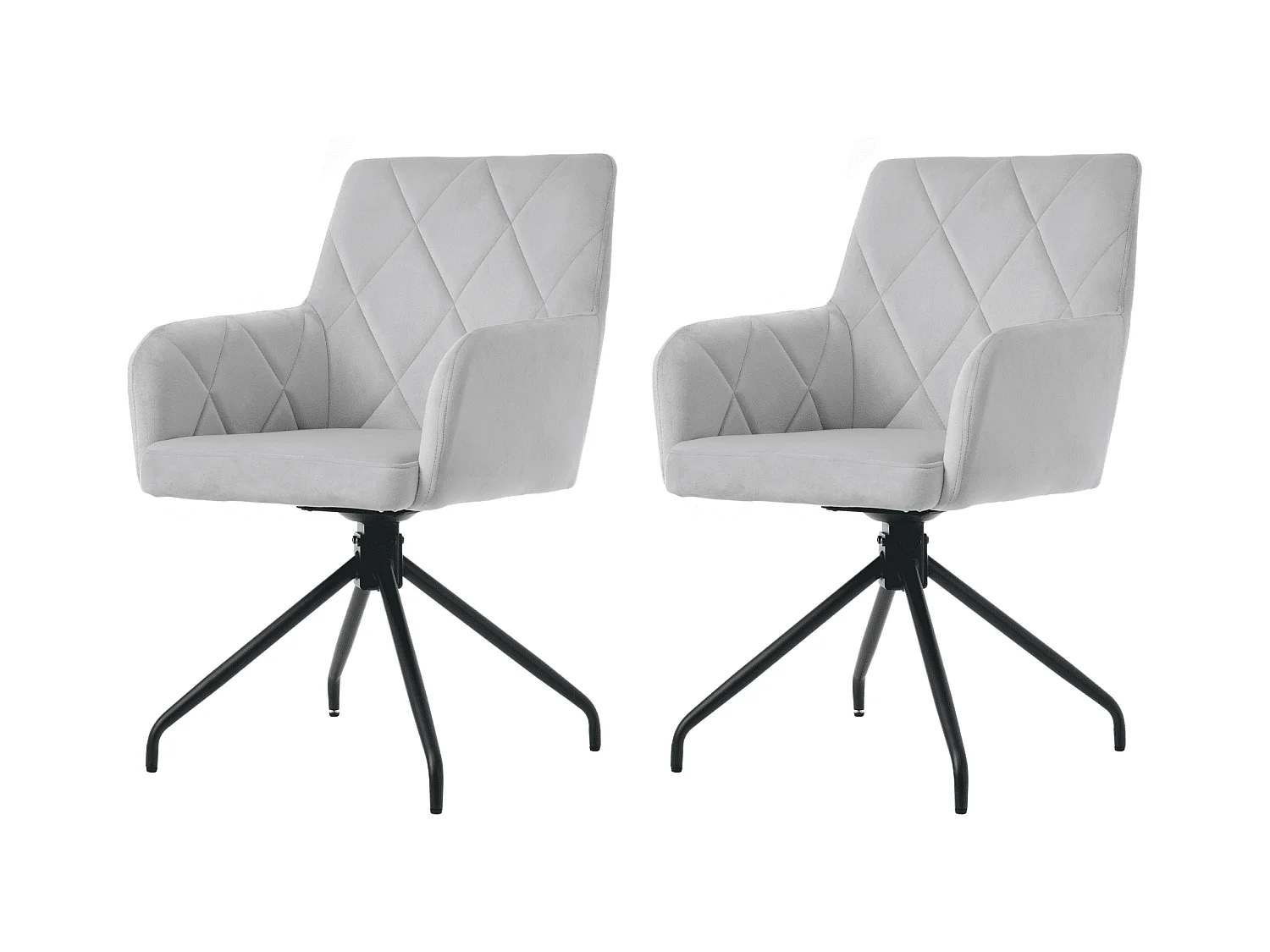 Zestaw 2 obrotowych krzeseł do jadalni, szary aksamit, krzesło z podłokietnikami i oparciem, nogi metalowe
