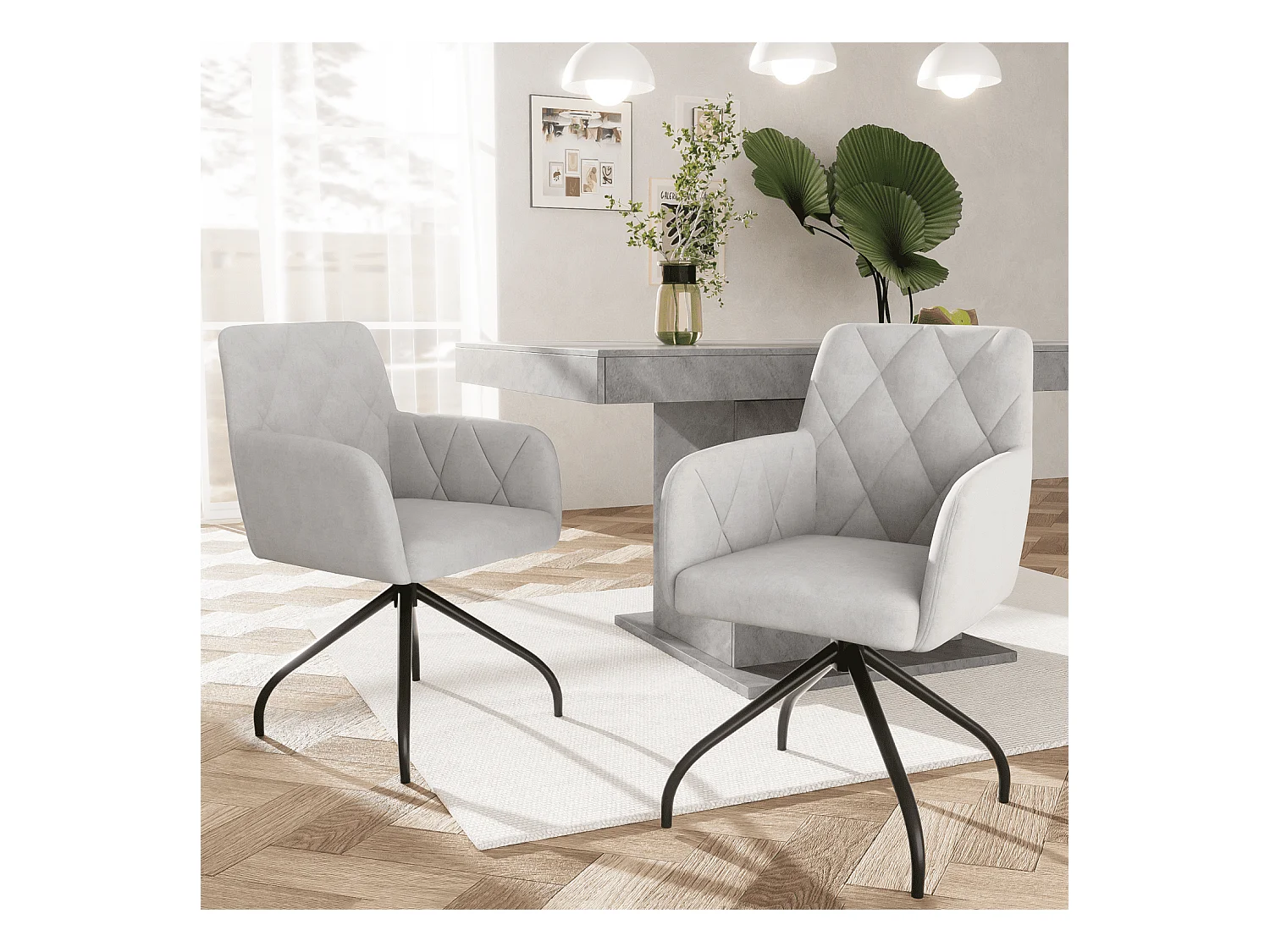 Lot de 2 chaises de salle à manger pivotantes, velours gris, chaise avec accoudoirs et dossier, pieds en métal