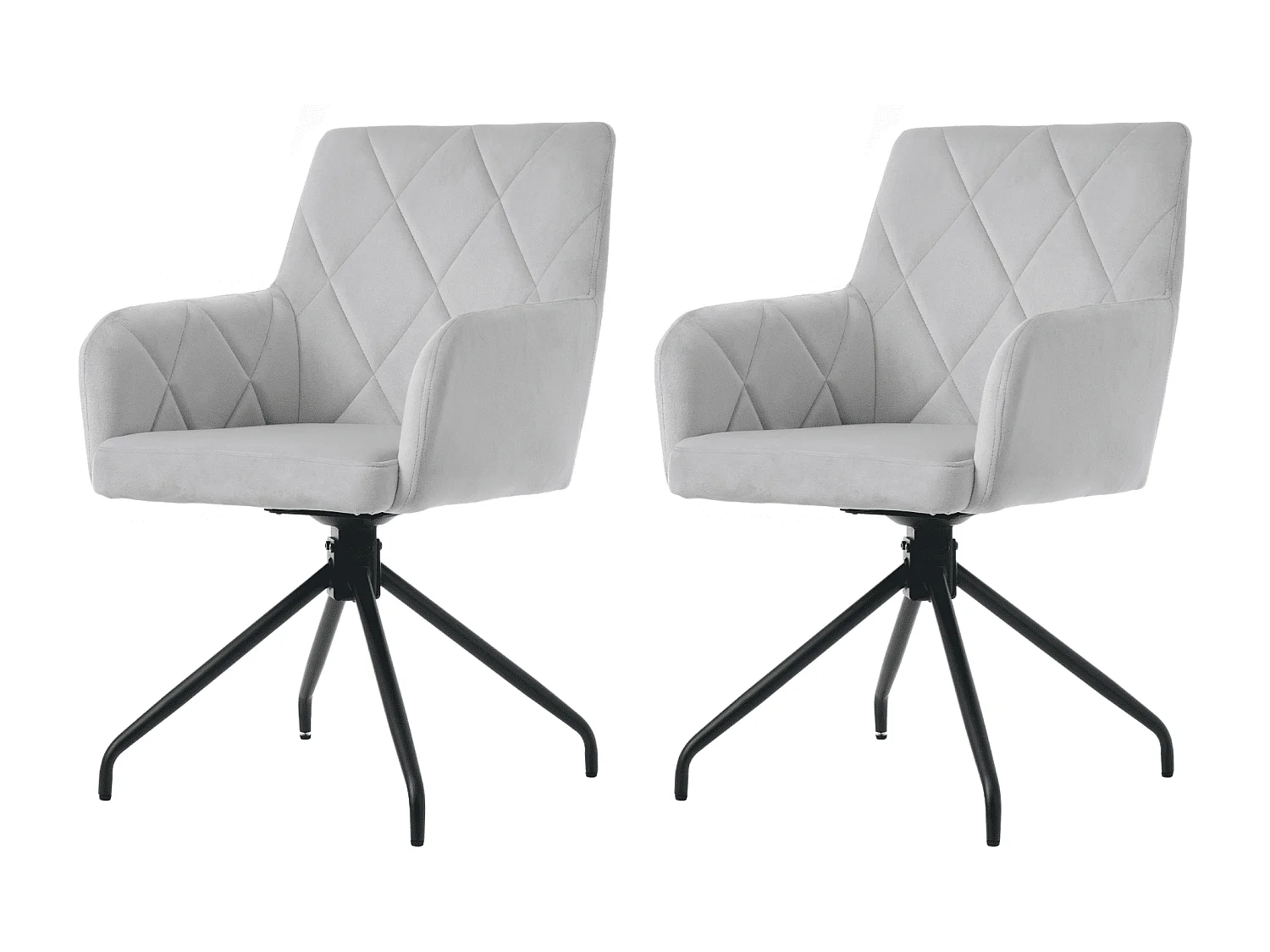 Set van 2 draaibare eetkamerstoelen, grijs fluweel, stoel met armleuningen en rugleuning, metalen poten