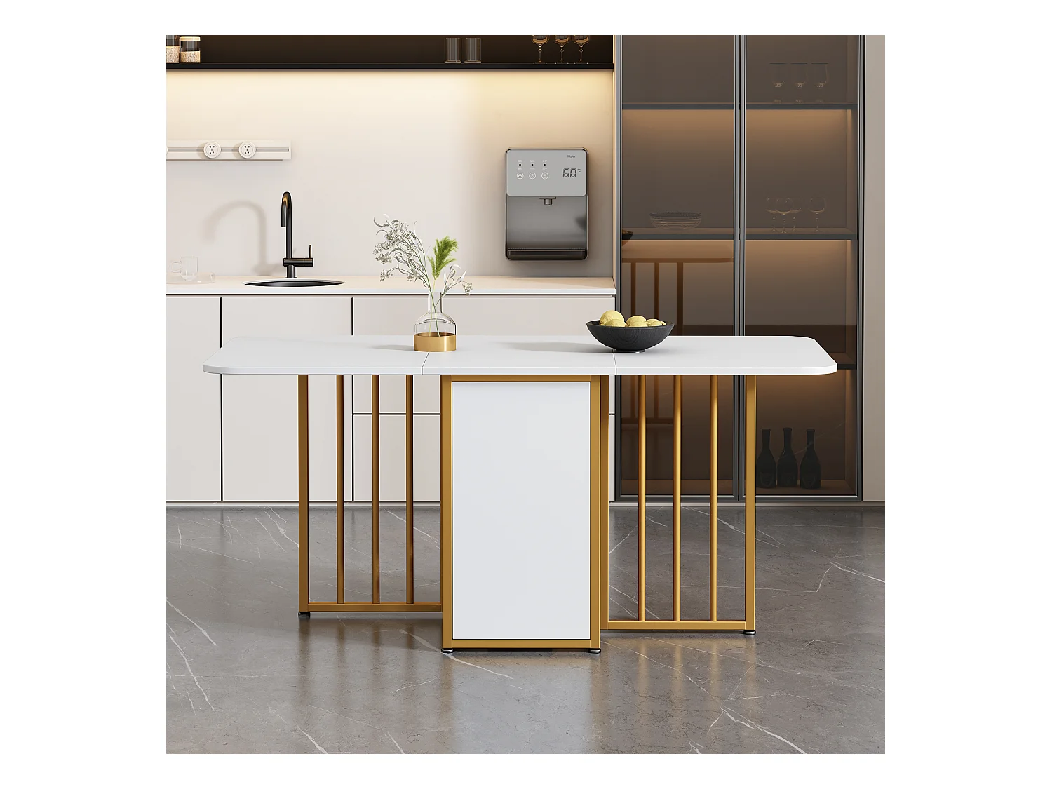 Table à manger pliante télescopique multifonctionnelle, amovible, avec tiroir, 3 formes - Blanc