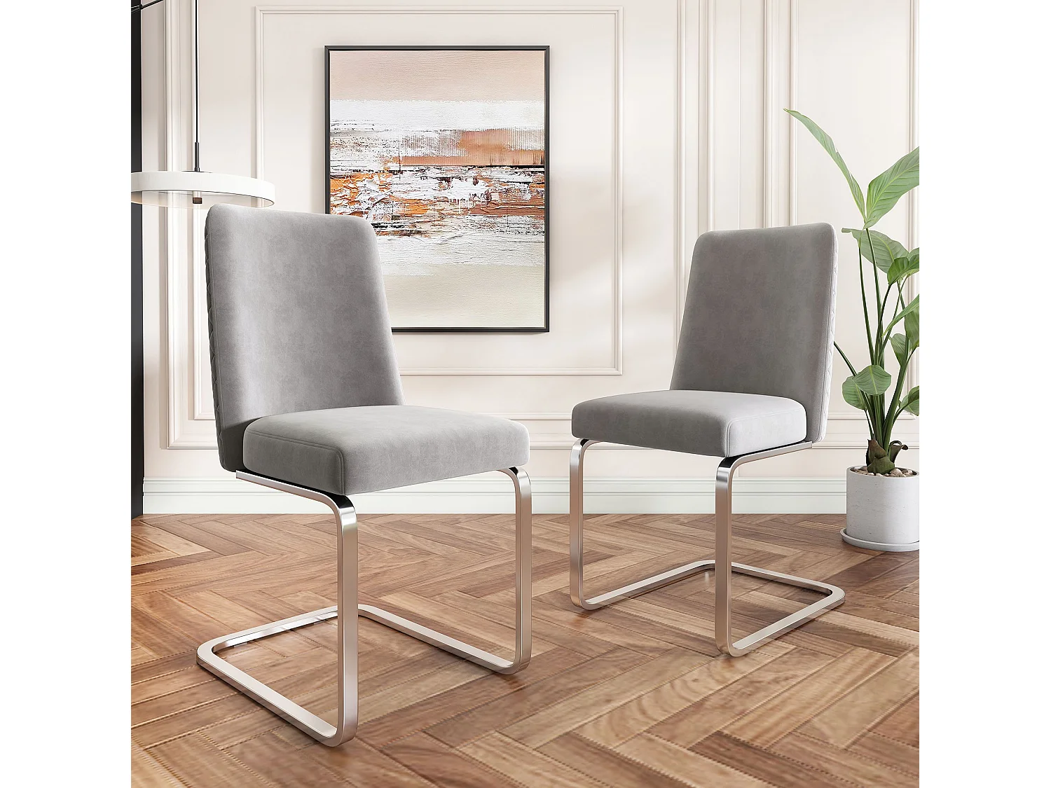 Lot de 2 chaises de salle à manger, velours gris, chaise avec dossier rembourré, pieds argentés