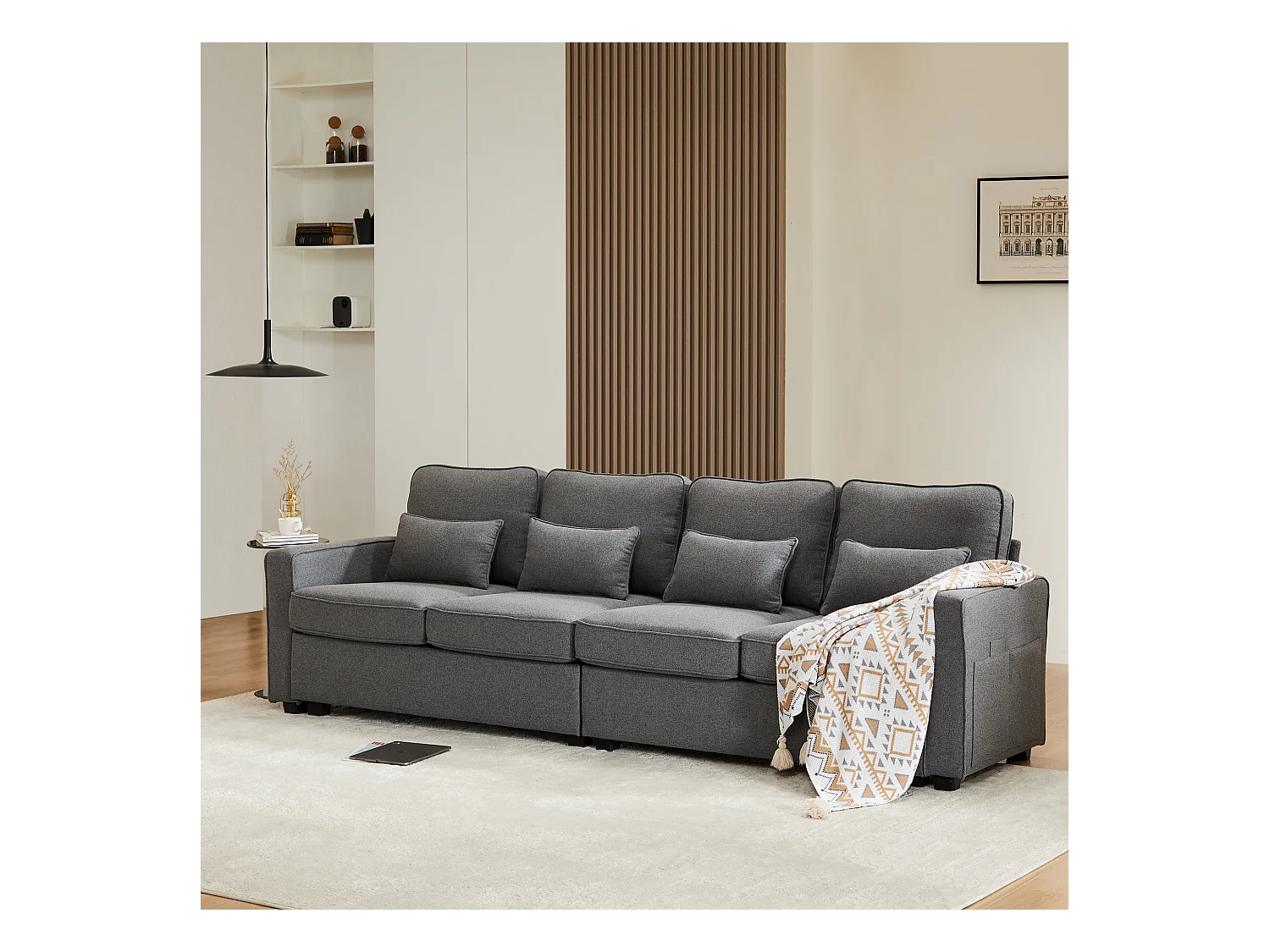 Nowoczesna, 4-osobowa, ciemnoszara sofa lniana z kieszeniami bocznymi i 4 poduszkami – do salonu, biura lub mieszkania