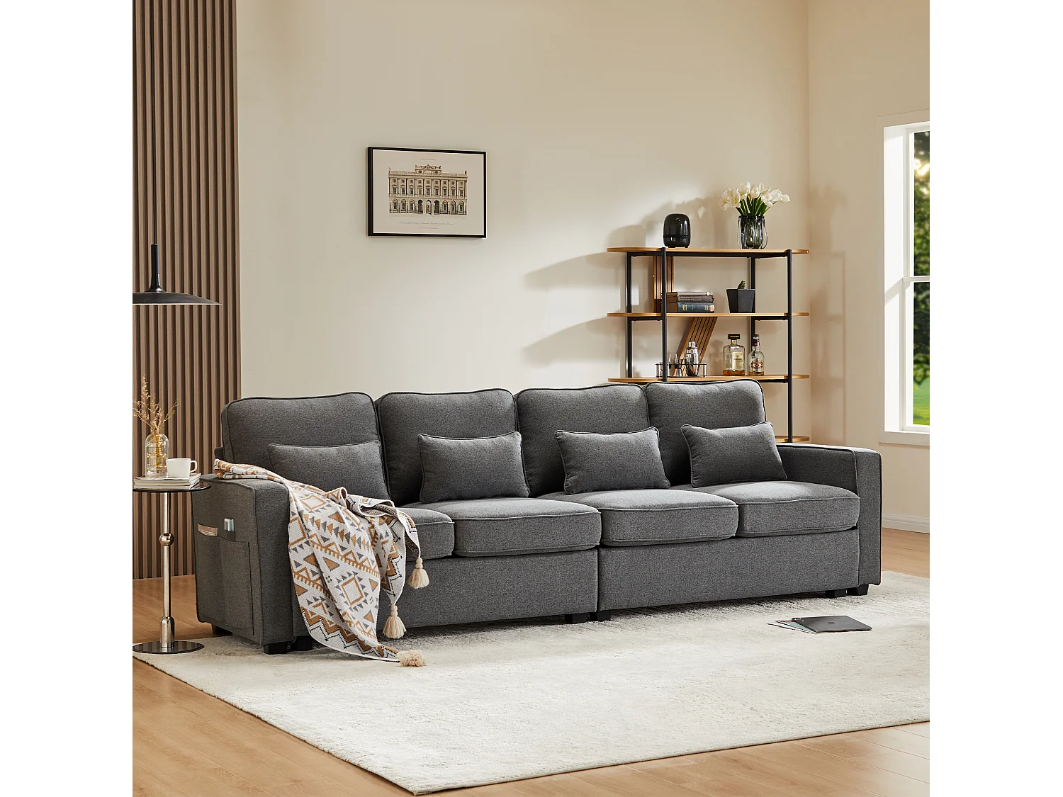 Modernes 4-Sitzer-Sofa aus dunkelgrauem Leinen mit Seitentaschen und 4 Kissen – für Wohnzimmer, Büro oder Wohnung