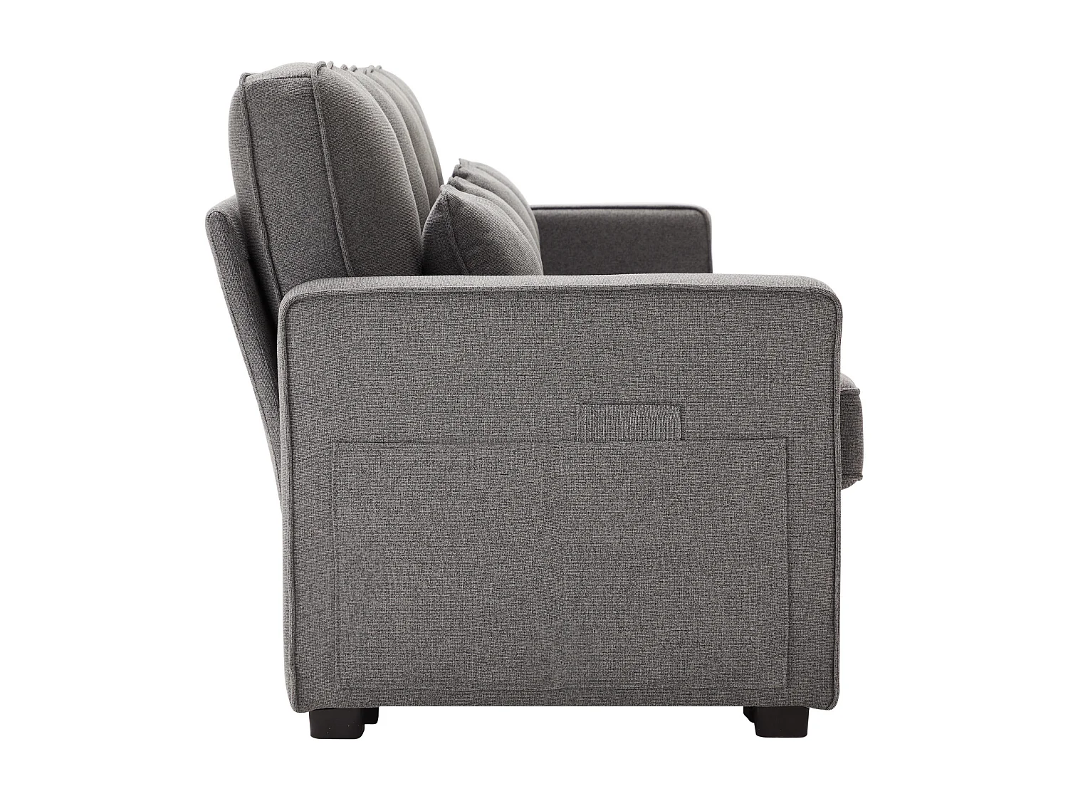 Modernes 4-Sitzer-Sofa aus dunkelgrauem Leinen mit Seitentaschen und 4 Kissen – für Wohnzimmer, Büro oder Wohnung