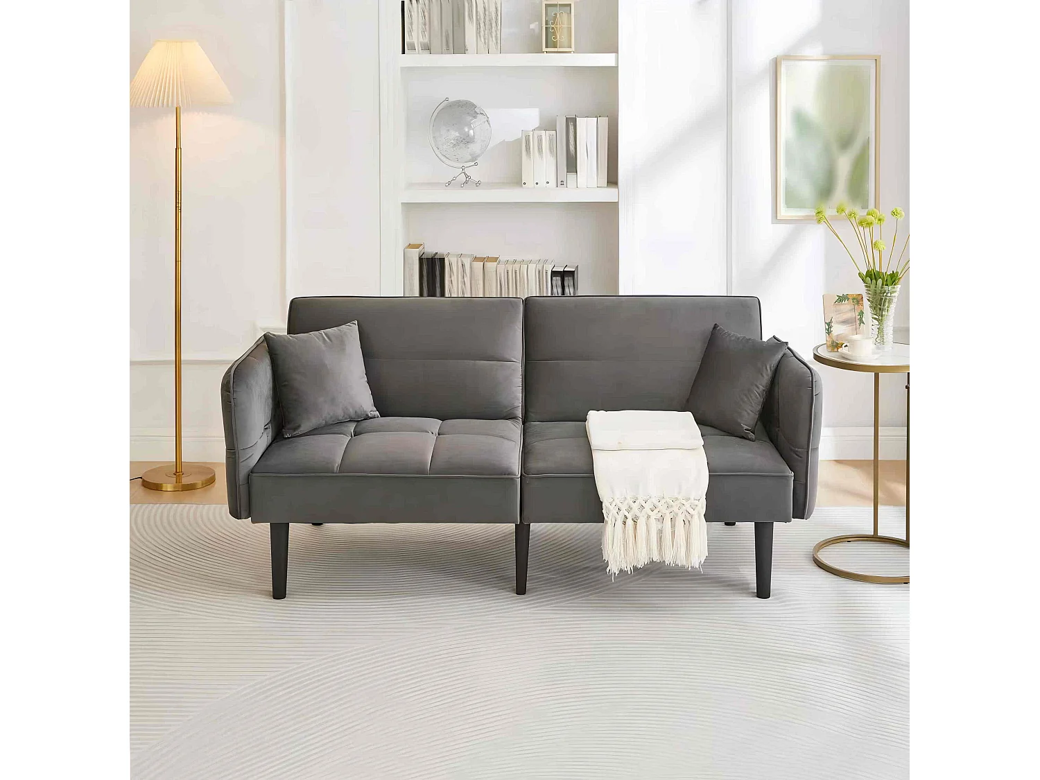 Divano a 2 posti, velluto grigio, imbottito con schienale regolabile, gambe in legno nero