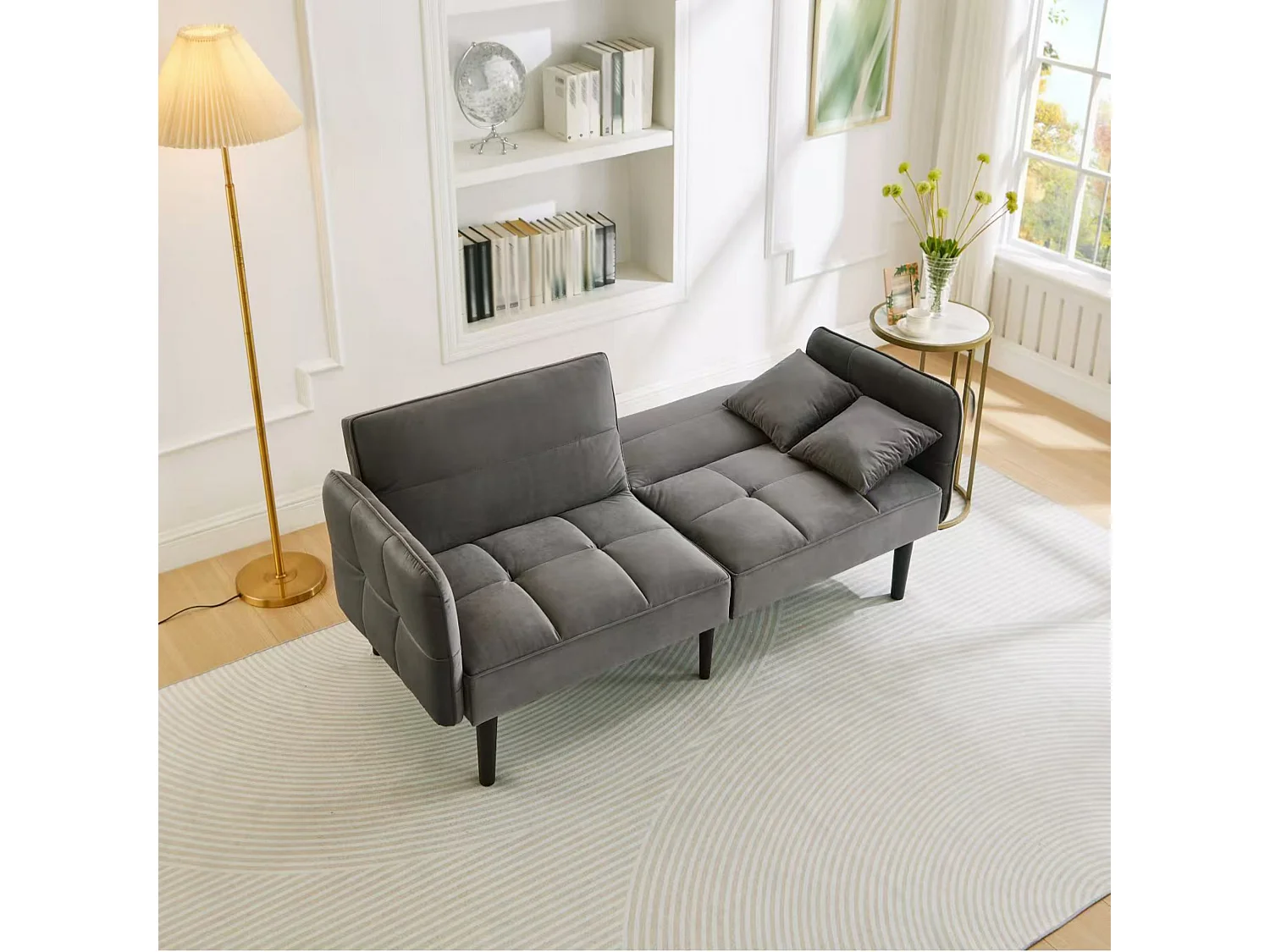 Divano a 2 posti, velluto grigio, imbottito con schienale regolabile, gambe in legno nero