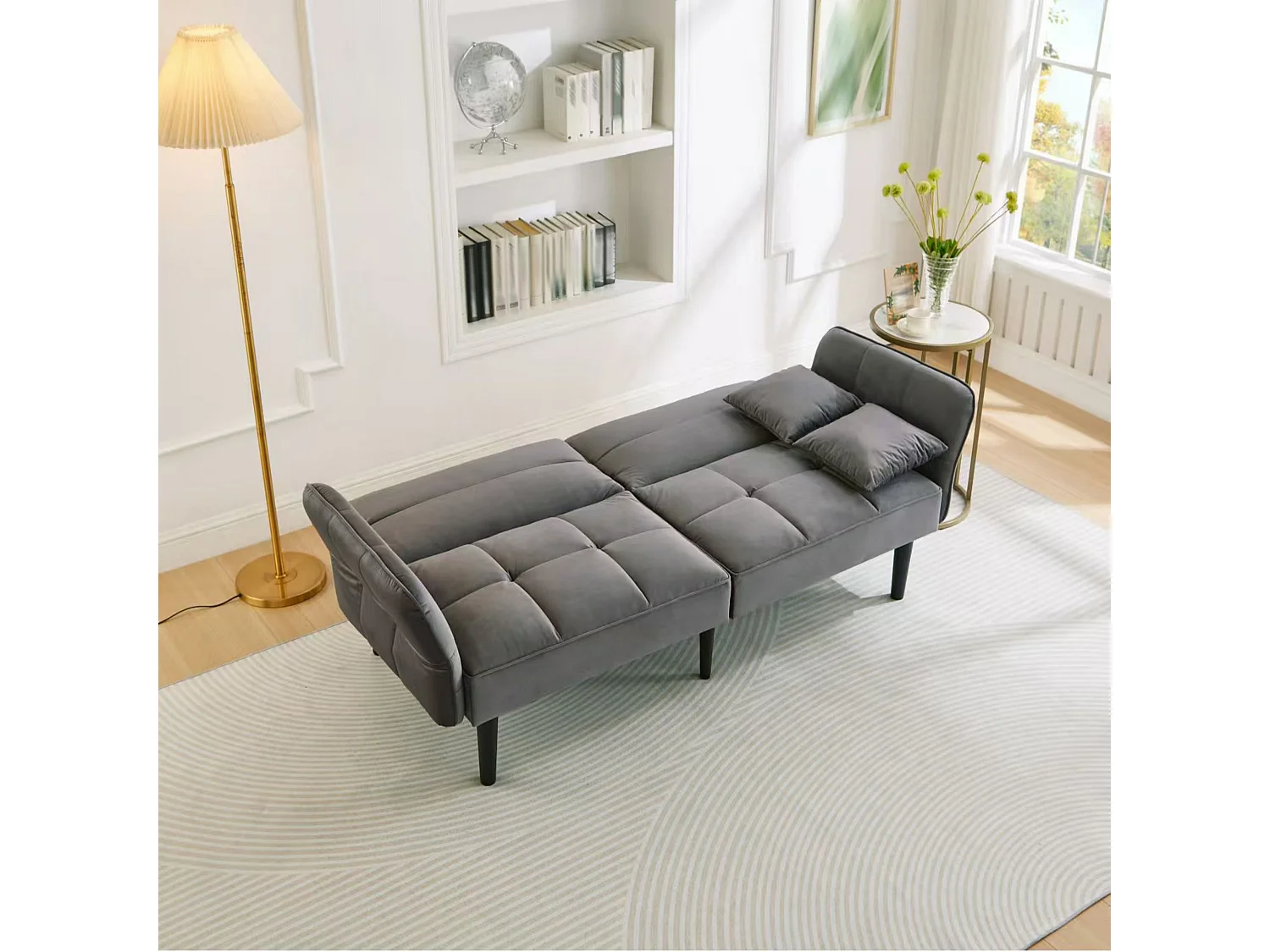 Divano a 2 posti, velluto grigio, imbottito con schienale regolabile, gambe in legno nero