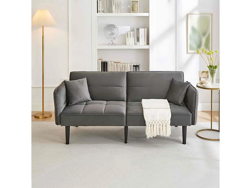 Canapé 2 places, velours gris, canapé rembourré avec dossier réglable, pieds en bois noir