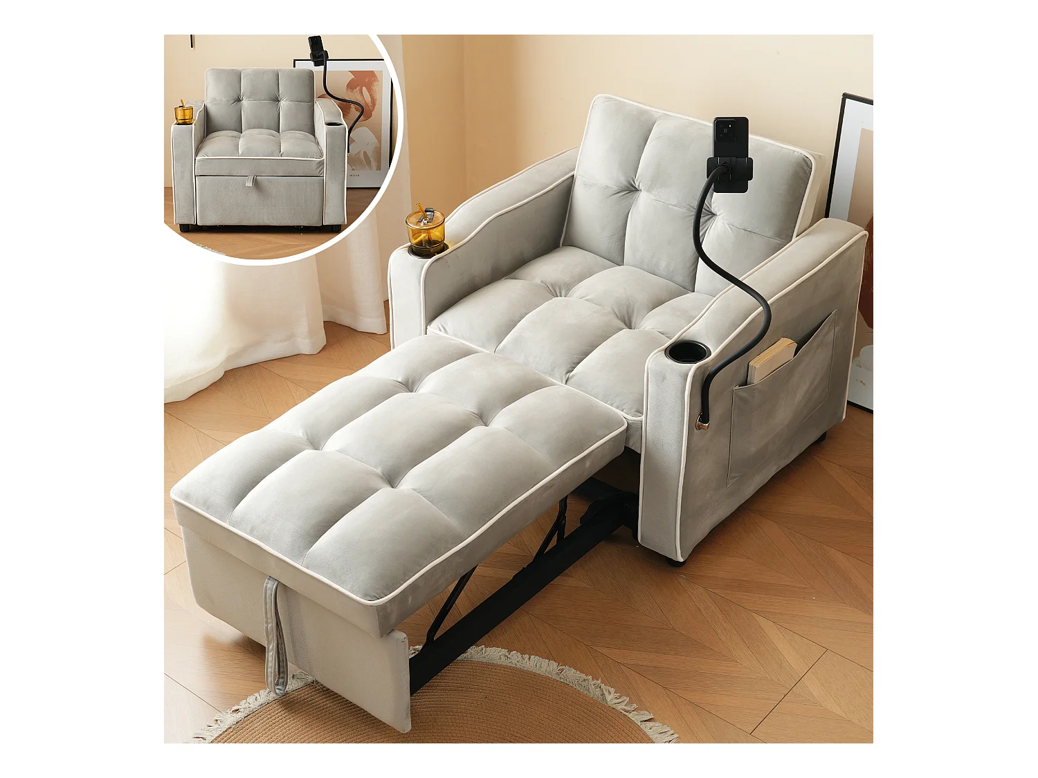 Slaapbank, lichtgrijs fluweel, eenpersoonsbank met telefoonhouder en bekerhouder, geschikt voor woonkamer en slaapkamer