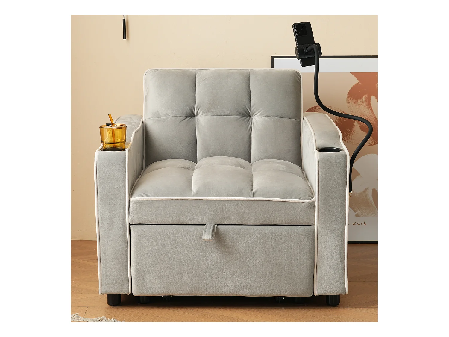 Slaapbank, lichtgrijs fluweel, eenpersoonsbank met telefoonhouder en bekerhouder, geschikt voor woonkamer en slaapkamer