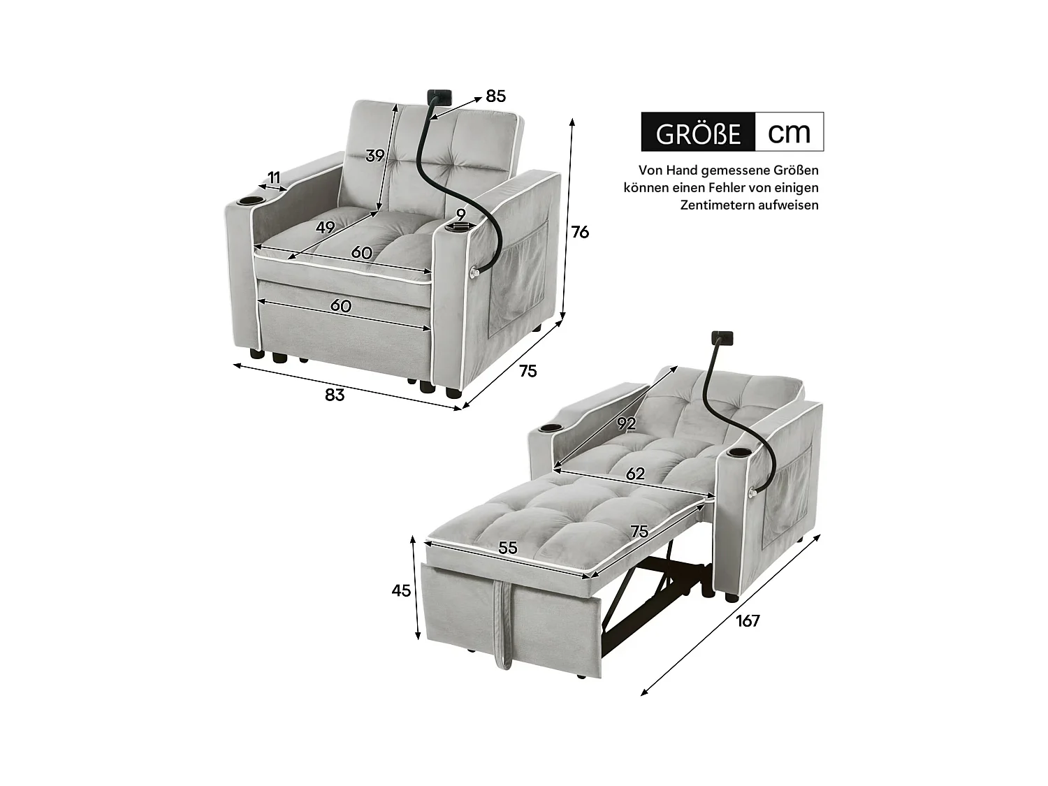 Slaapbank, lichtgrijs fluweel, eenpersoonsbank met telefoonhouder en bekerhouder, geschikt voor woonkamer en slaapkamer