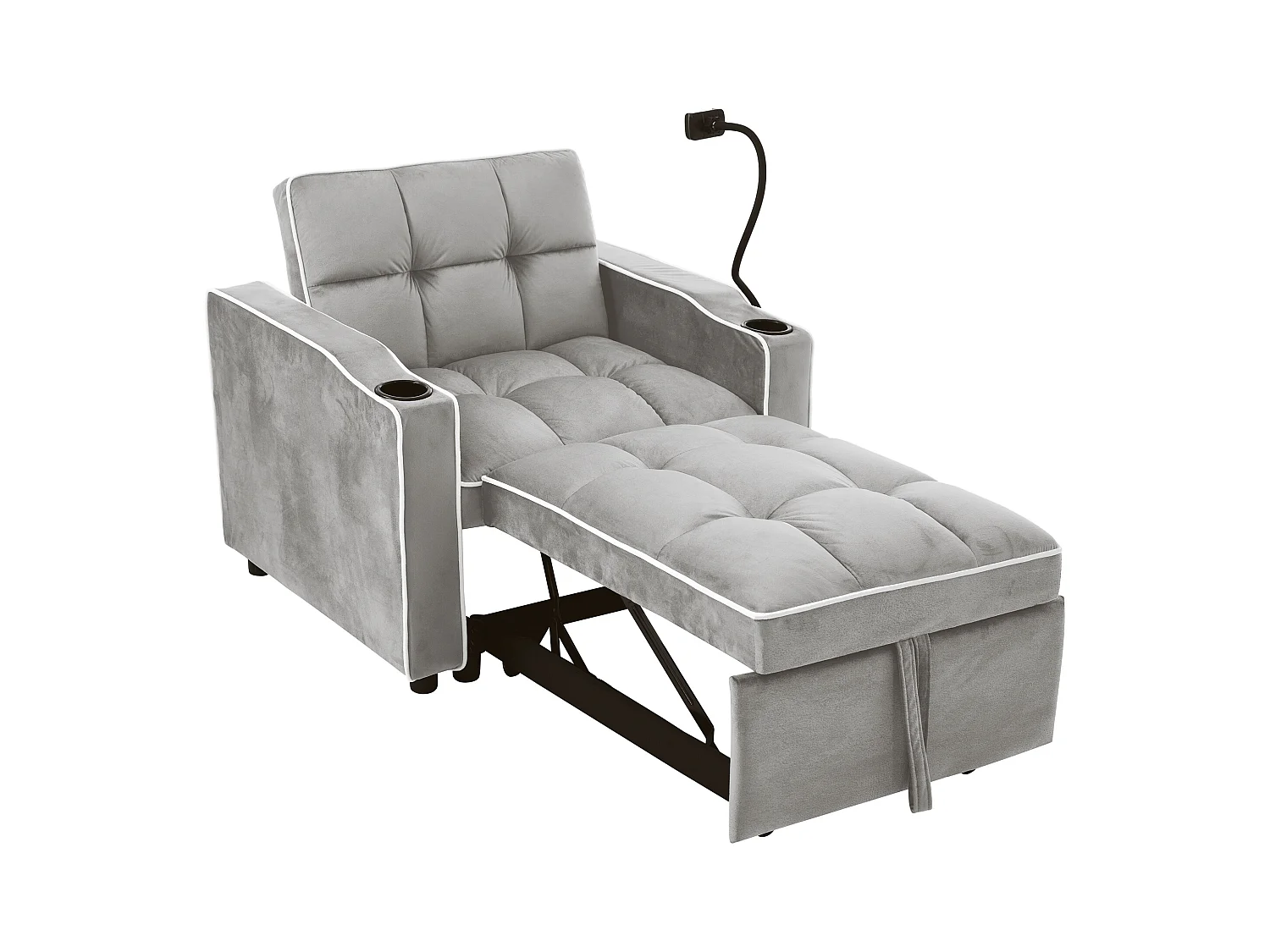 Slaapbank, lichtgrijs fluweel, eenpersoonsbank met telefoonhouder en bekerhouder, geschikt voor woonkamer en slaapkamer