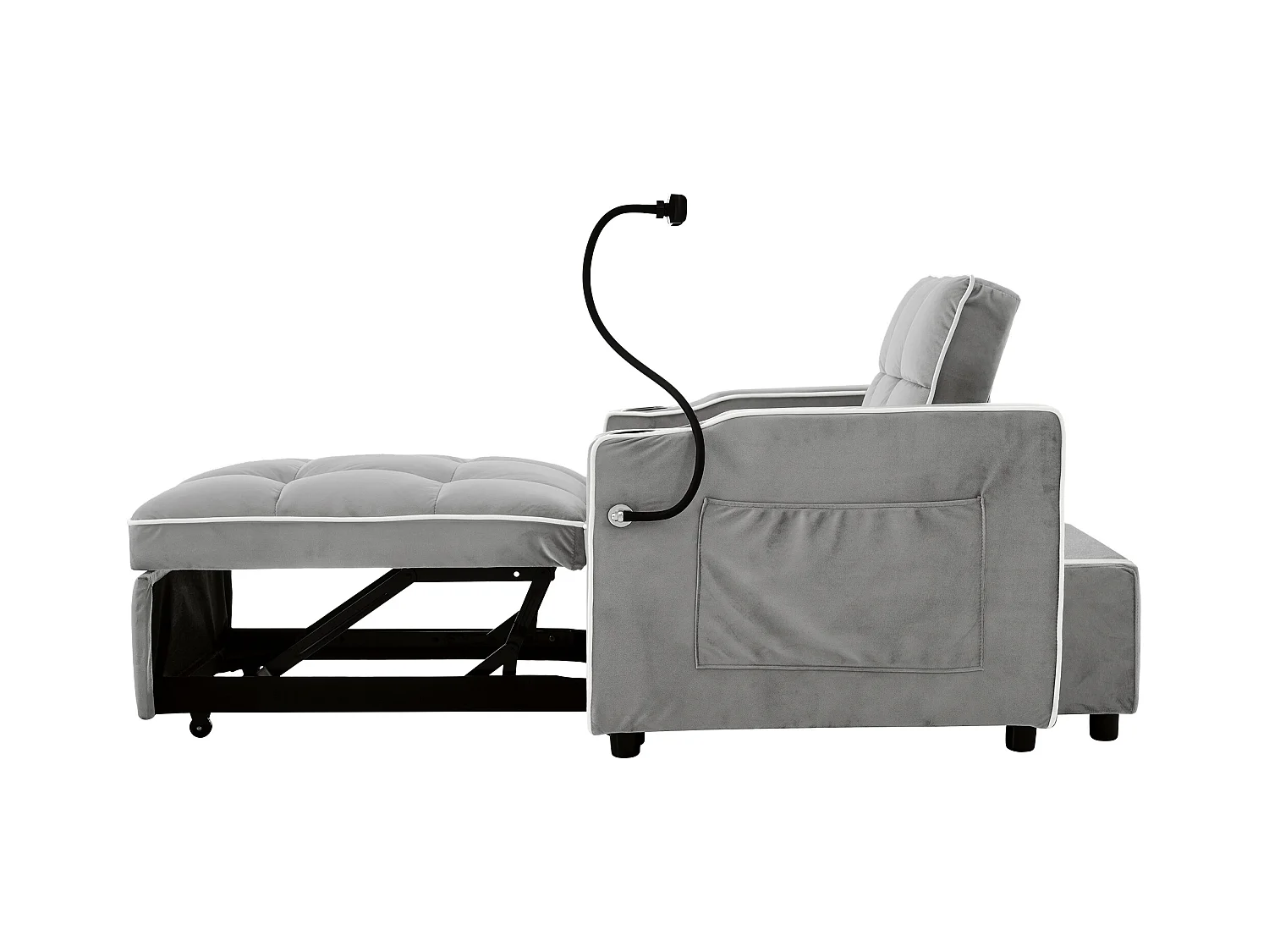 Slaapbank, lichtgrijs fluweel, eenpersoonsbank met telefoonhouder en bekerhouder, geschikt voor woonkamer en slaapkamer