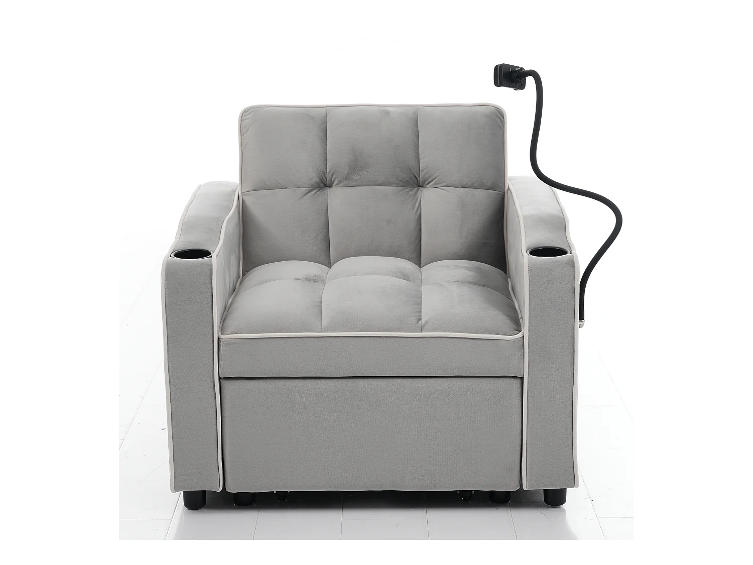 Slaapbank, lichtgrijs fluweel, eenpersoonsbank met telefoonhouder en bekerhouder, geschikt voor woonkamer en slaapkamer