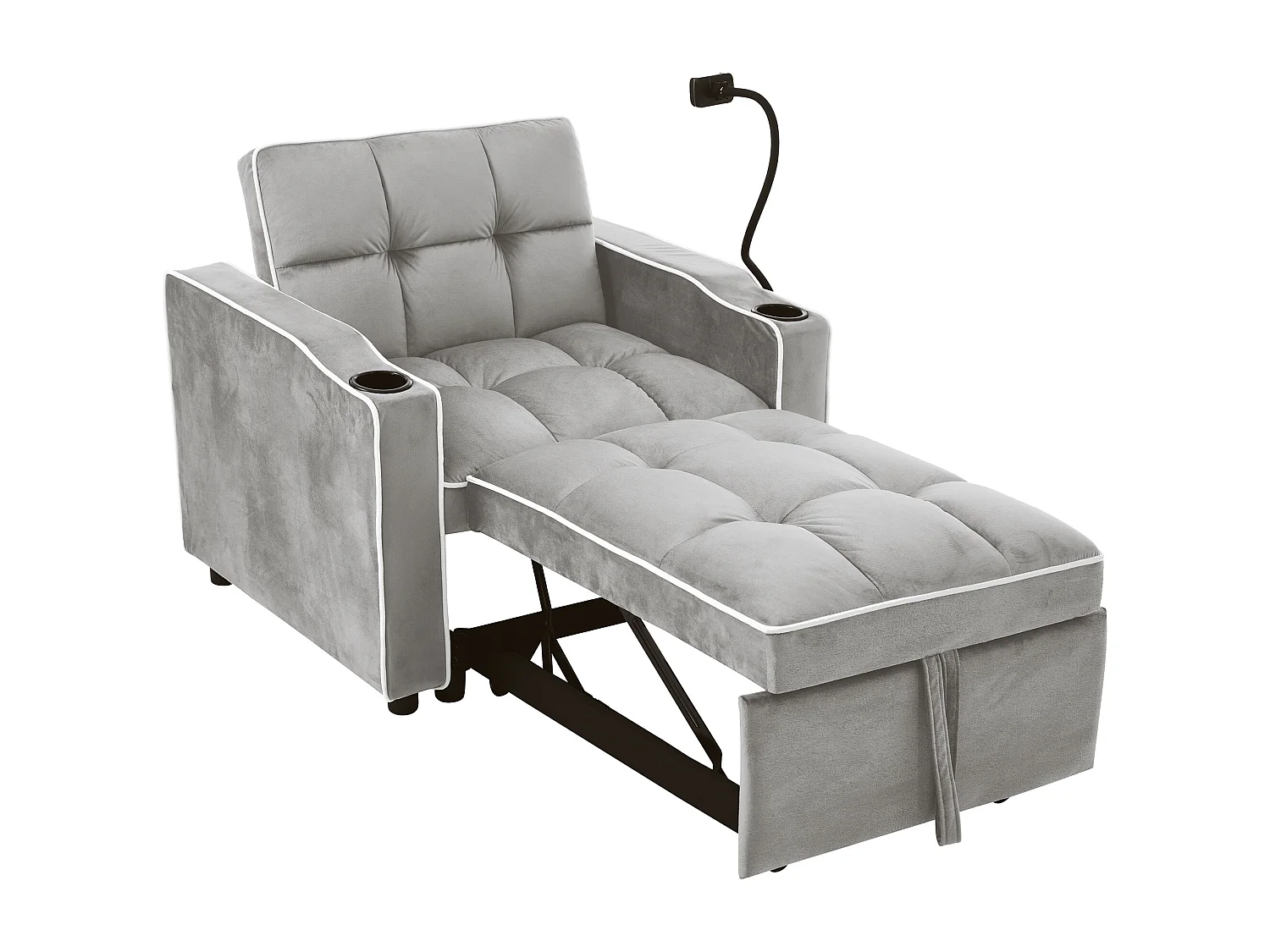 Canapé convertible, velours gris clair, Canapé simple avec support téléphone et porte-gobelet, pour salon et chambre