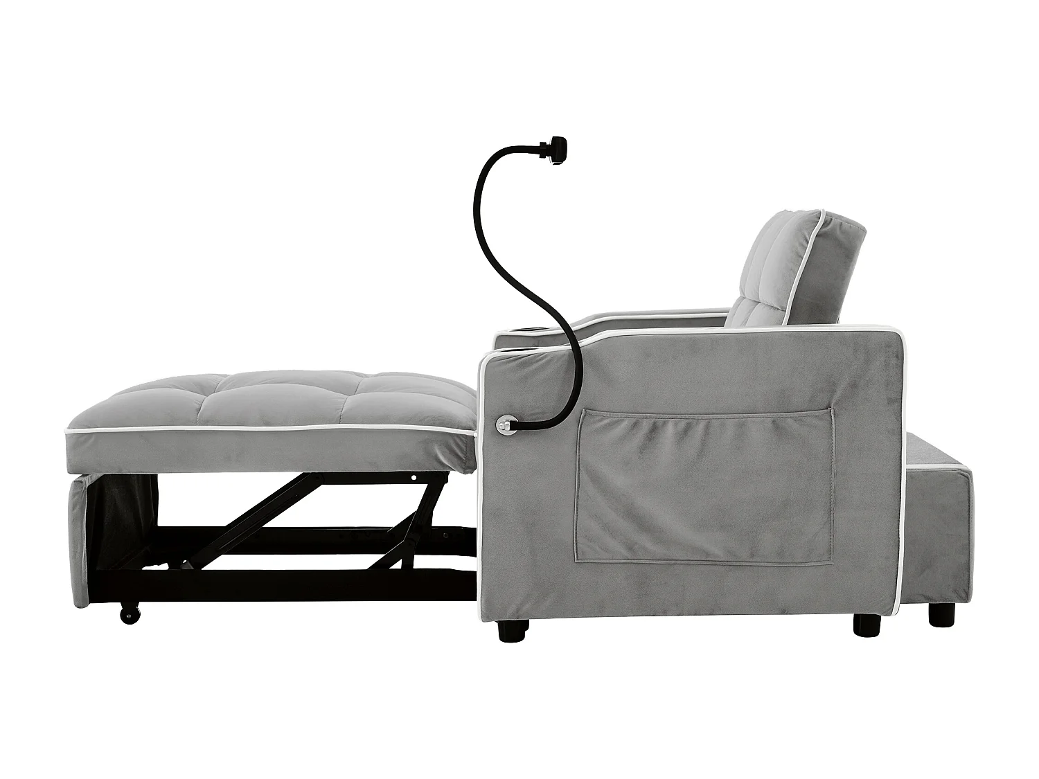 Canapé convertible, velours gris clair, Canapé simple avec support téléphone et porte-gobelet, pour salon et chambre