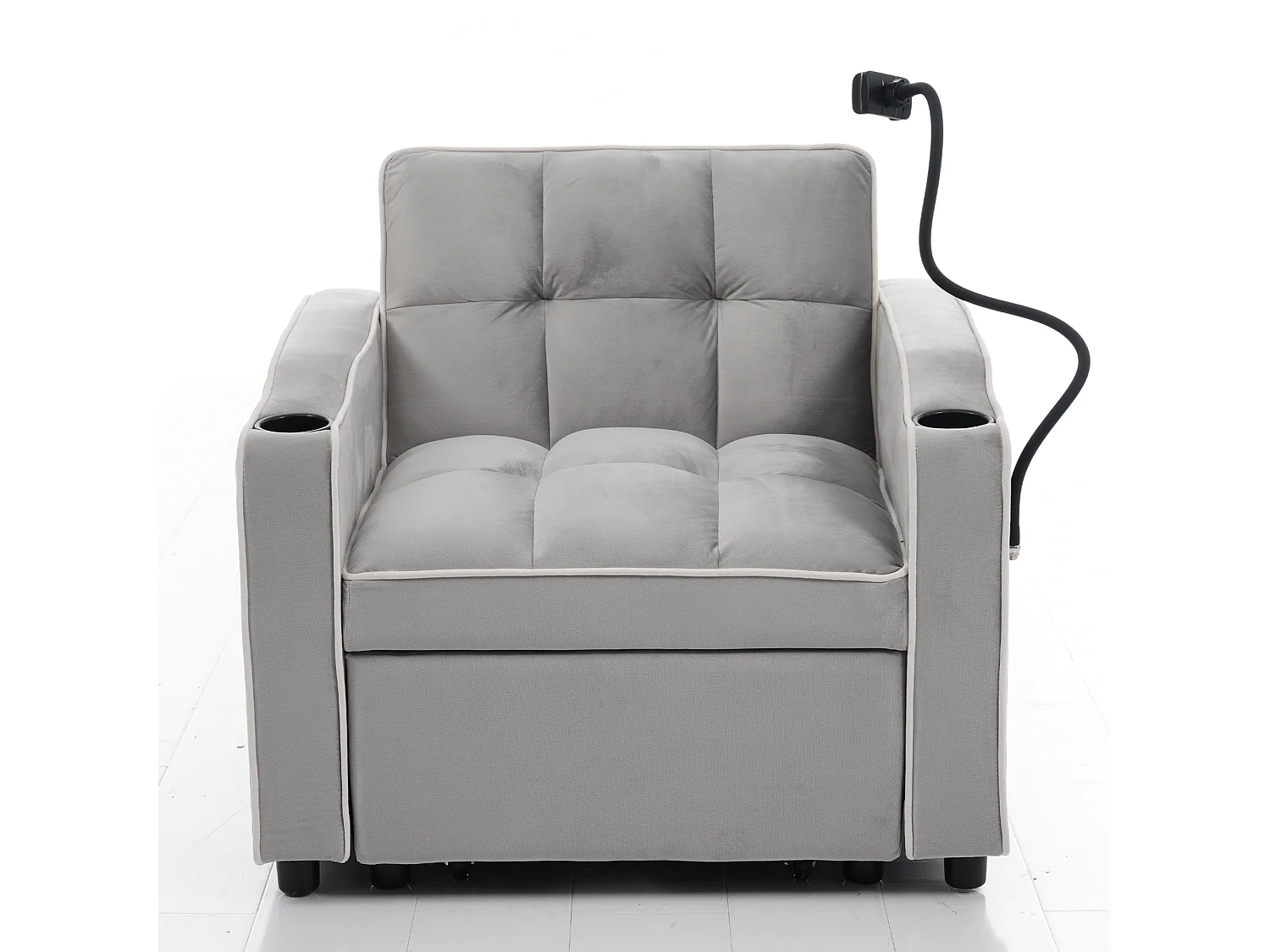 Canapé convertible, velours gris clair, Canapé simple avec support téléphone et porte-gobelet, pour salon et chambre