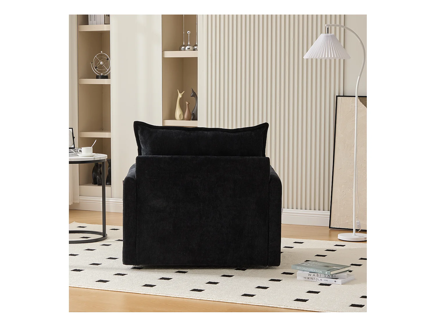 Canapé simple, chenille noir, Canapé pivotant avec accoudoirs et coussins, pour salon et chambre