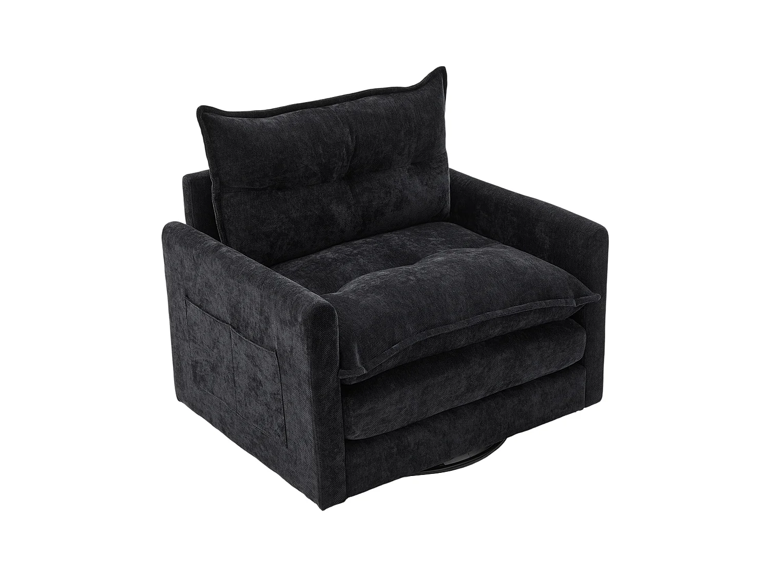 Canapé simple, chenille noir, Canapé pivotant avec accoudoirs et coussins, pour salon et chambre