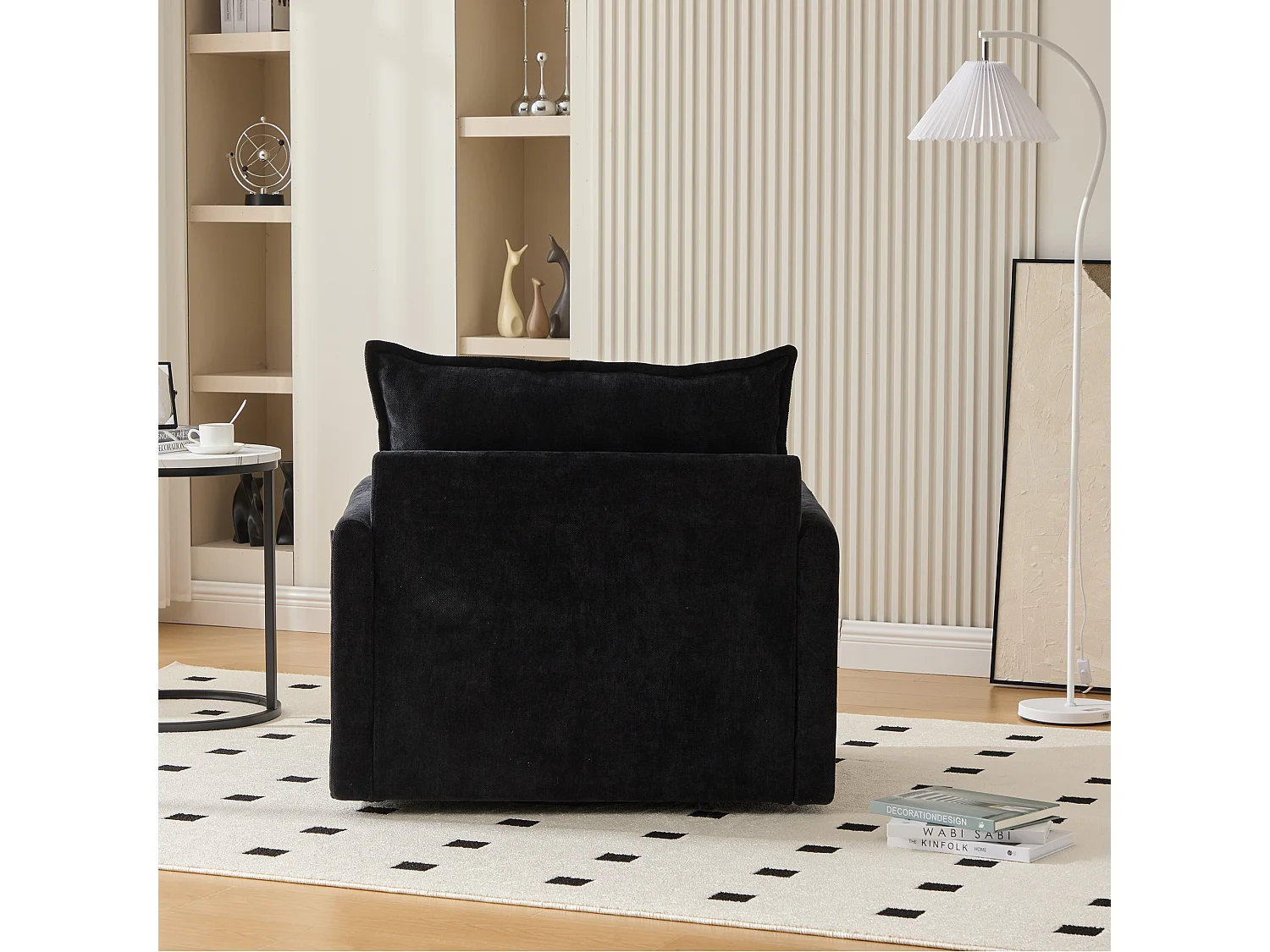 Einzelsofa, schwarzes Chenille, Drehsofa mit Armlehnen und Kissen, geeignet für Wohn- und Schlafzimmer