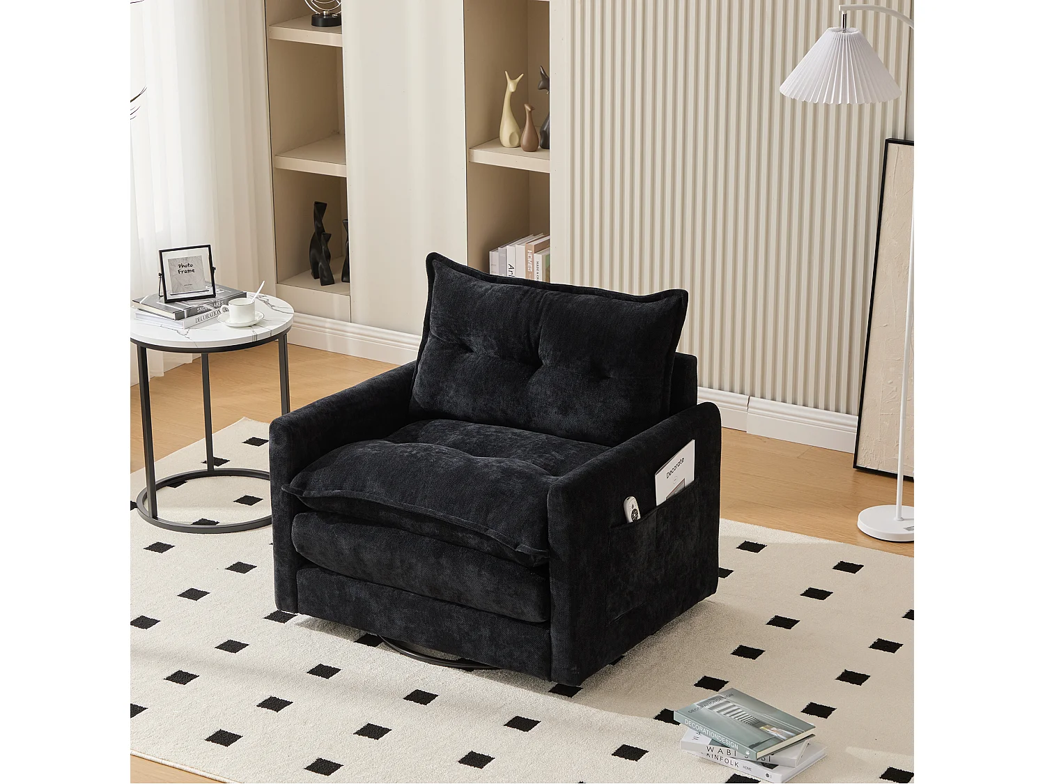 Einzelsofa, schwarzes Chenille, Drehsofa mit Armlehnen und Kissen, geeignet für Wohn- und Schlafzimmer