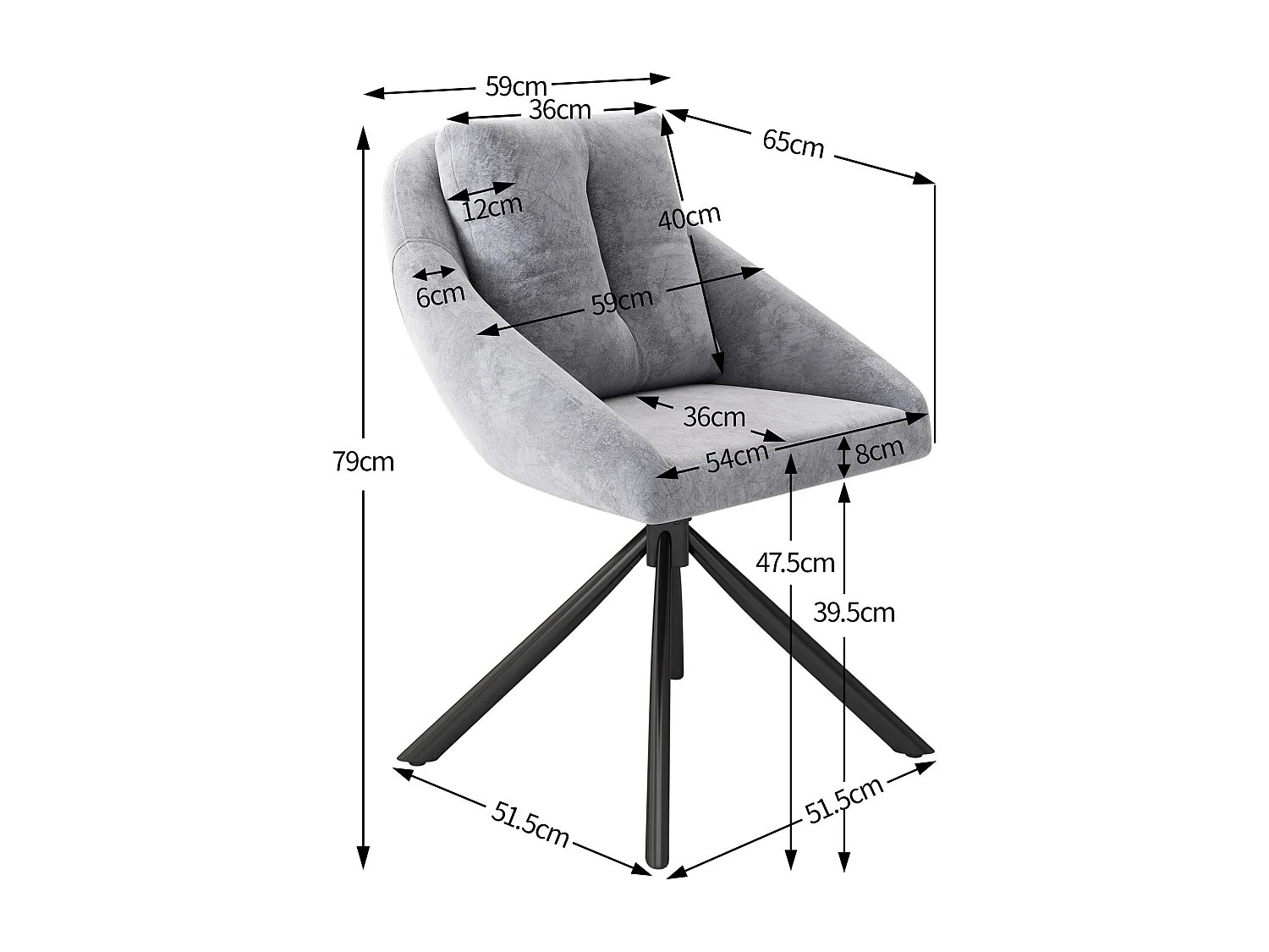 Lot de 4 chaises de salle à manger pivotantes, velours gris, chaise avec dossier rembourré, pieds en métal noir