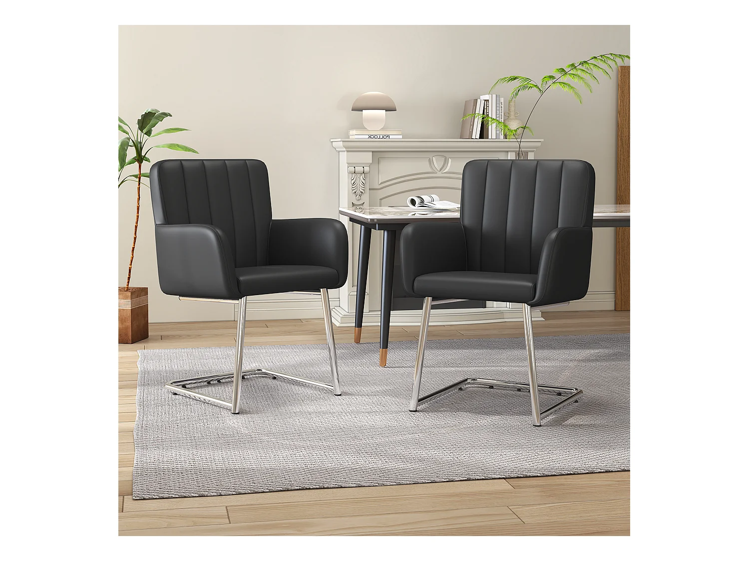 Zestaw 2 krzeseł do jadalni, czarna sztuczna skóra, krzesło z oparciem i podłokietnikami, srebrne metalowe nogi