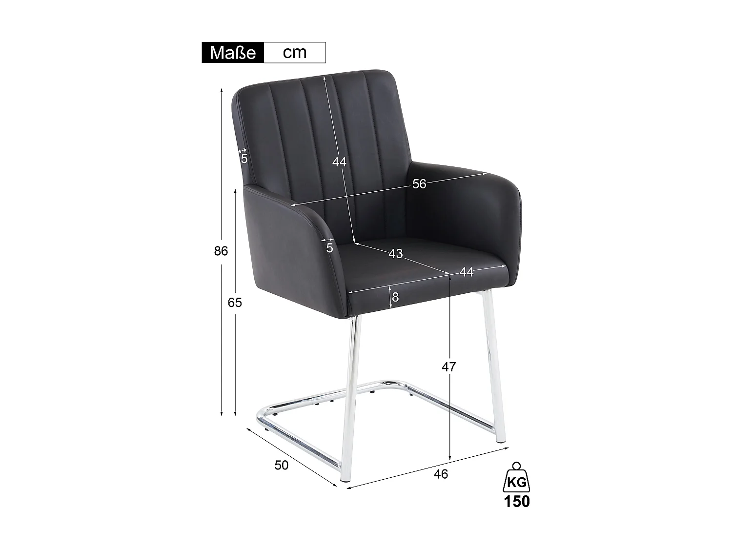 Set van 2 eetkamerstoelen, zwart imitatieleer, stoel met rugleuning en armleuningen, zilverkleurige metalen poten