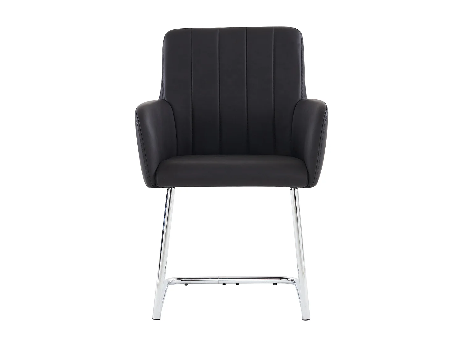 Set van 2 eetkamerstoelen, zwart imitatieleer, stoel met rugleuning en armleuningen, zilverkleurige metalen poten