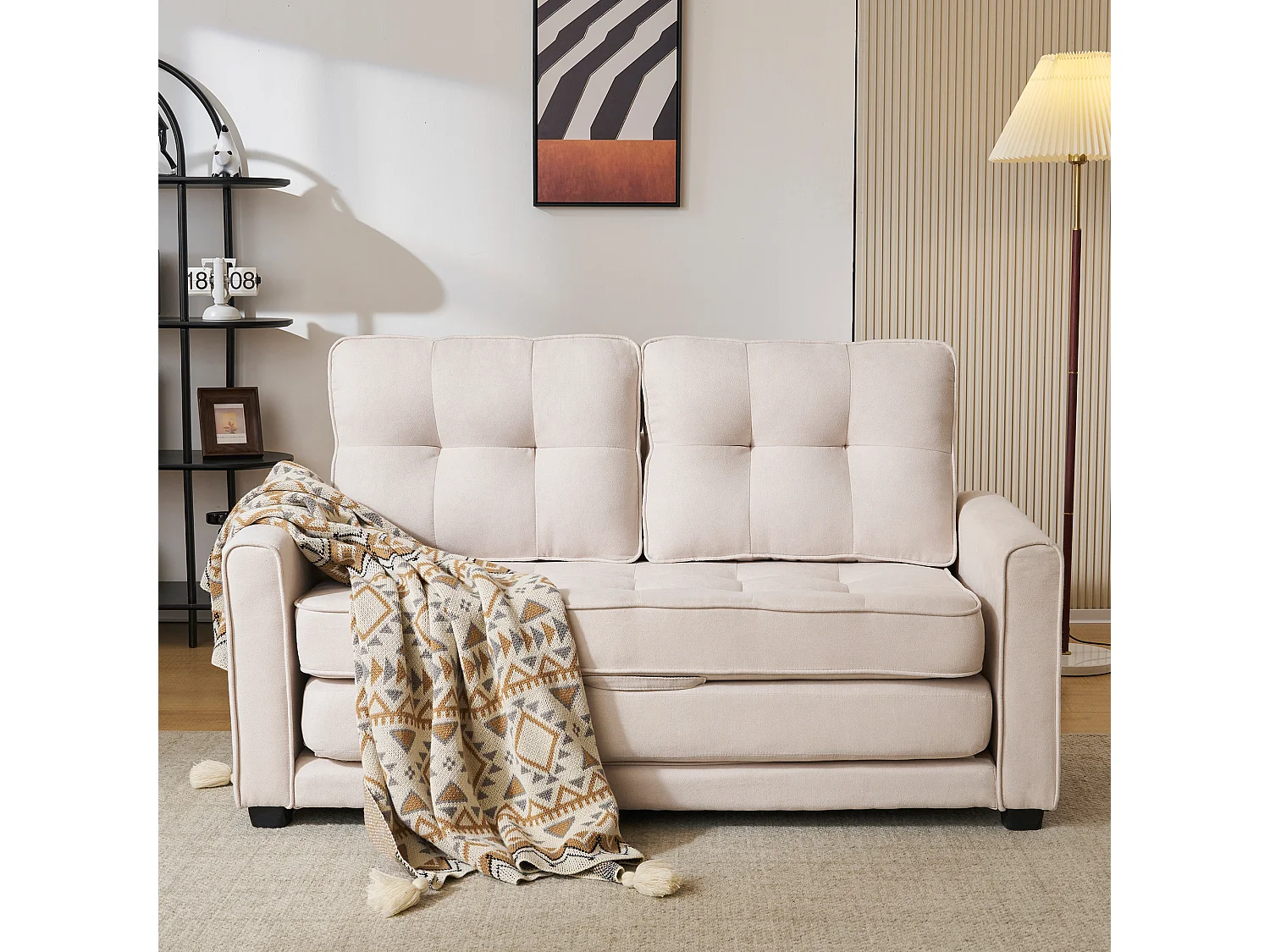 Moderne 2-zits slaapbank met zijzakken, beige linnen, gestoffeerde omvormbare zitting