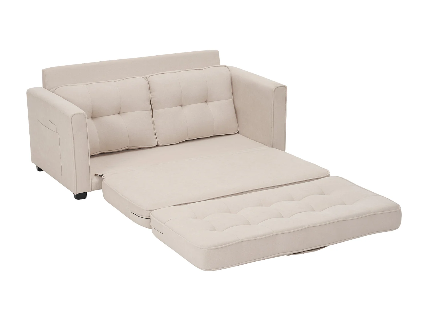 Moderne 2-zits slaapbank met zijzakken, beige linnen, gestoffeerde omvormbare zitting